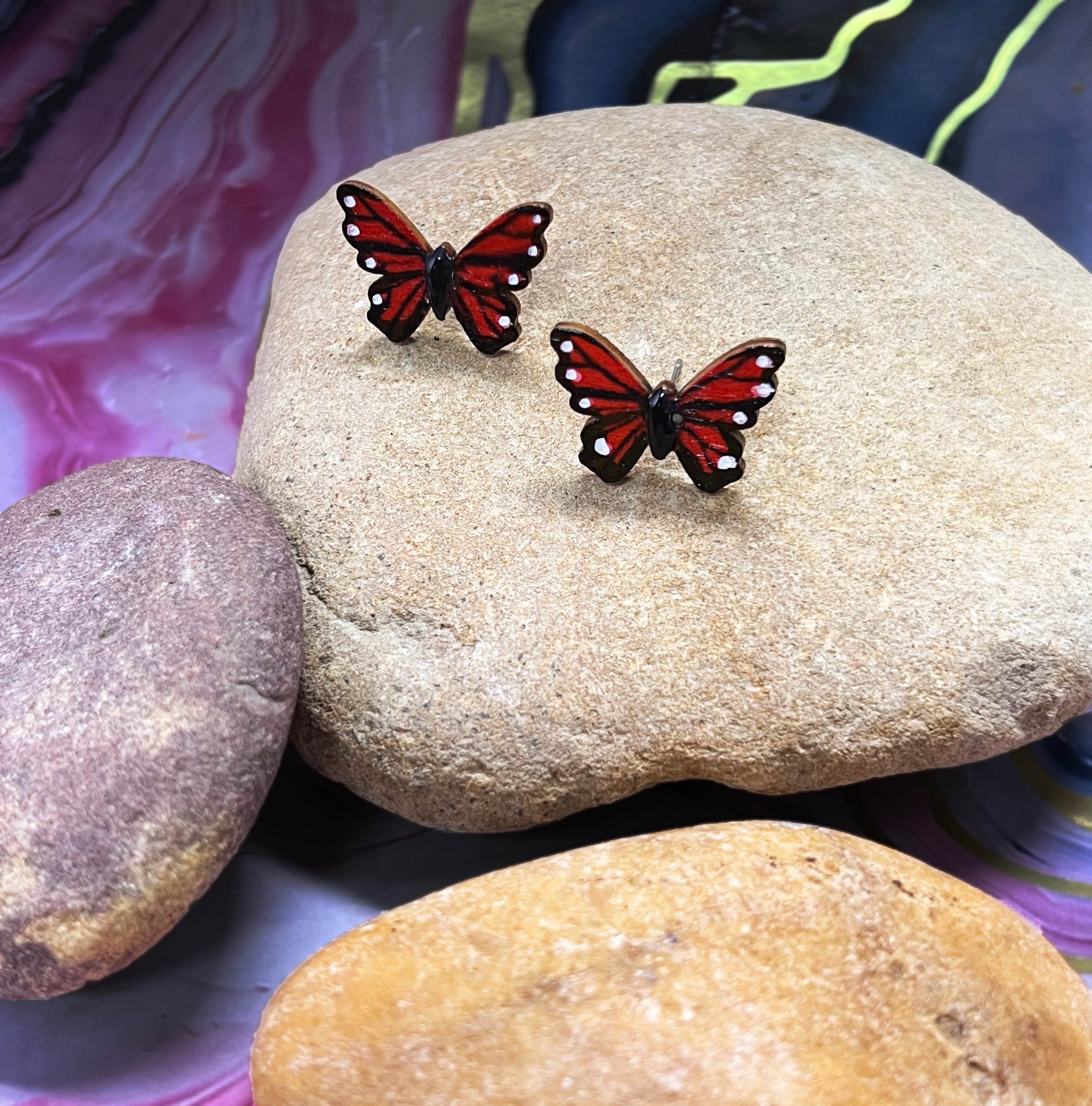 SGS red and black butterfly earrings with white accents, sterling silver posts, enamel finish, 1.5 inches long, by The Art