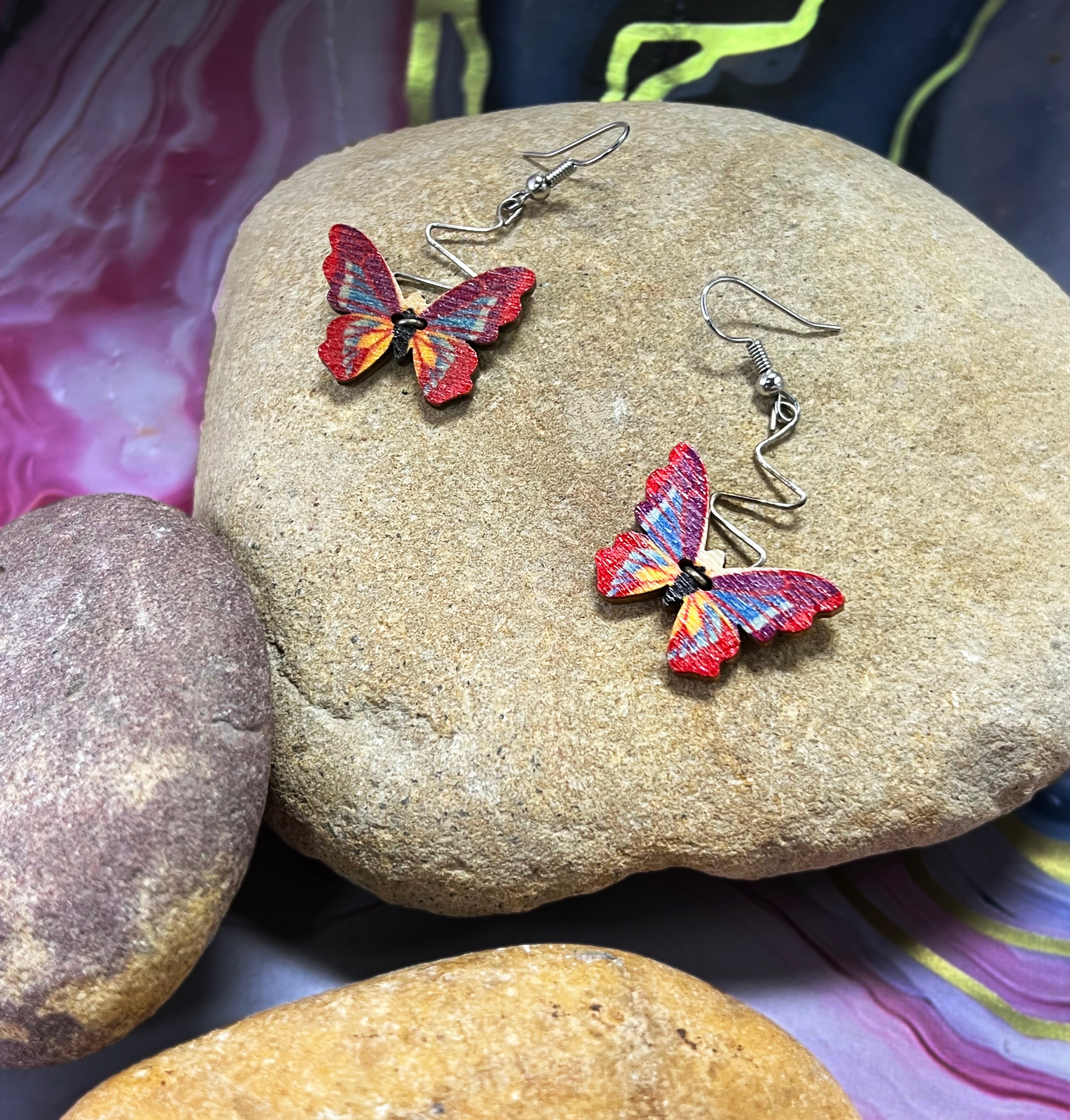 SGS Zig Zag Rainbow Butterfly Earrings with sterling silver hooks, enamel rainbow butterflies, and gold-plated zigzag dangle