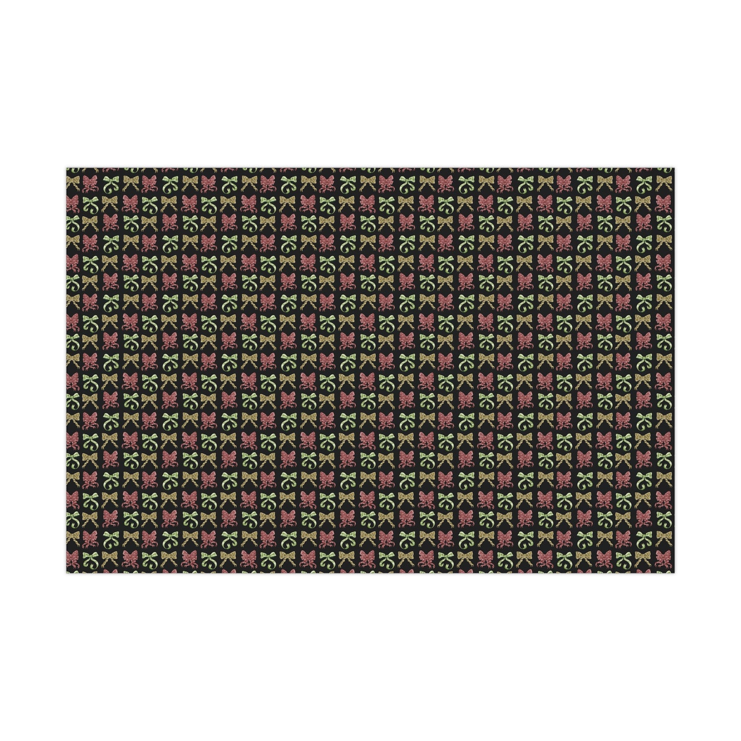 This is the 30" x 20" Matte Ribbon Gift Wrap by Chris Foster Designs. It is multiple illustrations of ribbons in different styles. The colors of the ribbons are red, muted green and a light brown/tan color. Behind the design is a black background. This showcases the image of the wrap flat in front of a white background.