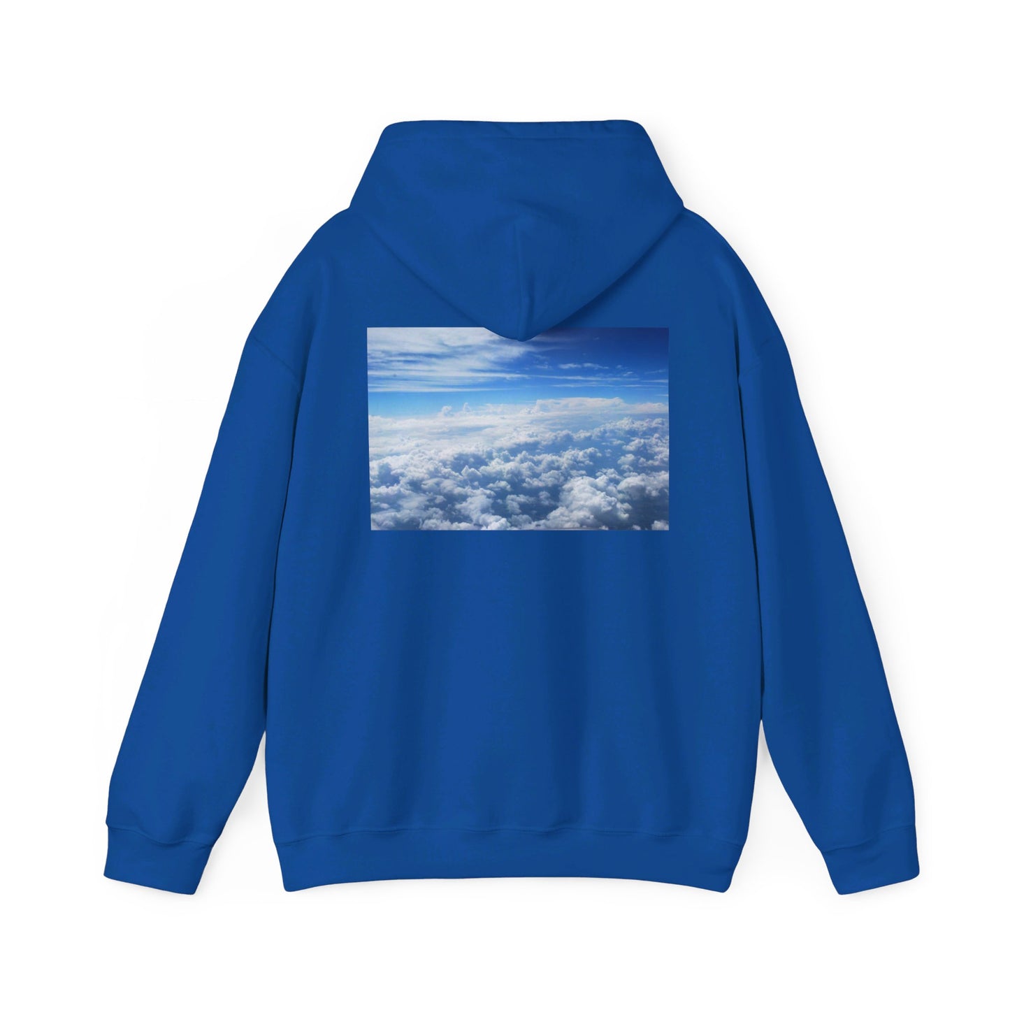 This is the Royal Above the Clouds Hoodie by Lee Hansheng Studios. It comes in sizes S-5XL. This is the image of the back with the hood up. The illustration is between the upper back and ends before lower back. The illustration shows an overview of the clouds from the sky. Through the foreground are white, light blue, dark blue fluffy clouds that straighten out in the background. There are clear blue skies in the background. There is hemming on the wrists and end of the hoodie.