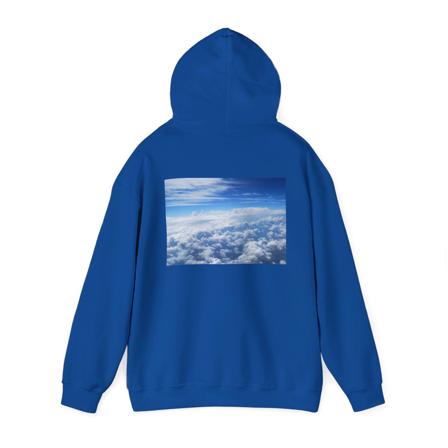 This is the Royal Above the Clouds Hoodie by Lee Hansheng Studios. It comes in sizes S-5XL. This is the image of the back with the hood up. The illustration is between the upper back and ends before lower back. The illustration shows an overview of the clouds from the sky. Through the foreground are white, light blue, dark blue fluffy clouds that straighten out in the background. There are clear blue skies in the background. There is hemming on the wrists and end of the hoodie.