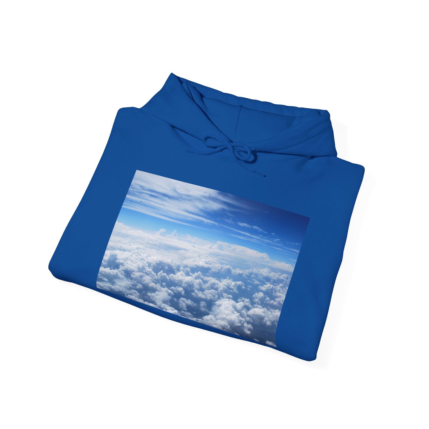 This is the Royal Above the Clouds Hoodie by Lee Hansheng Studios. It comes in sizes S-5XL. The drawstring is tied and color matched. The illustration shows an overview of the clouds from the sky. Through the foreground are white, light blue, dark blue fluffy clouds that straighten out in the background. There are clear blue skies in the background. The hoodie is against a white background.
