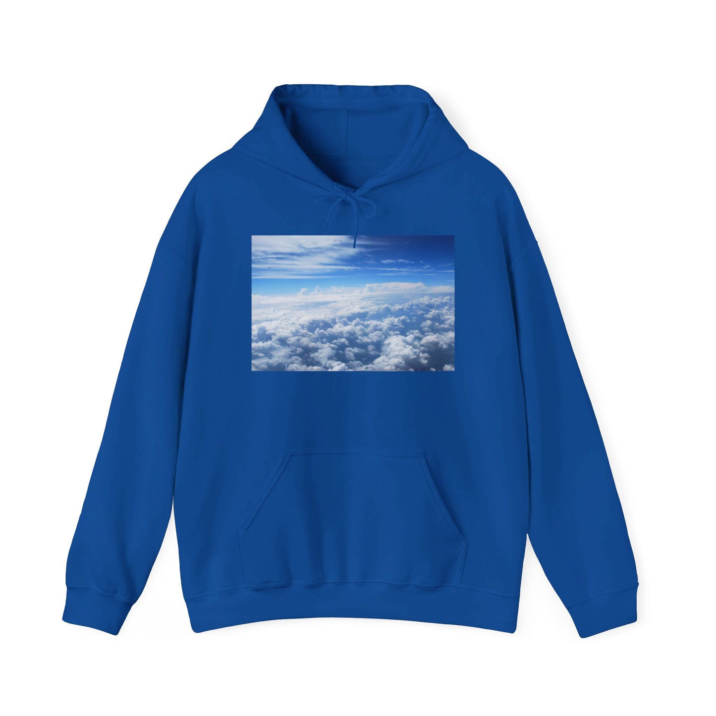 This is the Royal Above the Clouds Hoodie by Lee Hansheng Studios. It comes in sizes S-5XL. This is the image of the front with a drawstring tied in a bow and color matched. The illustration on the front chest. The illustration shows an overview of the clouds from the sky. Through the foreground are white, light blue, dark blue fluffy clouds that straighten out in the background. There are clear blue skies in the background. There is a kangaroo pocket, hemming on the wrists and end of the hoodie.