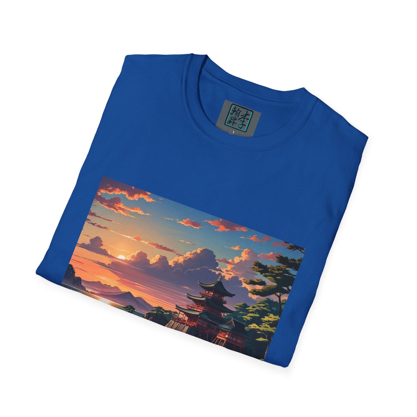 This is the Royal Temple of Peace Softstyle T-Shirt by Lee Hansheng Studios. It comes in sizes S-5XL. This is an image of the shirt from the front and folded. On the inside of the shirt there is the studio's logo. The illustration shows the top of the landscape. There is a setting red/orange sun above clouds, one blue roof,brown/red walled temples on the right thre are some trees and mountains in the background scenery. The t-shirt is against a white background.