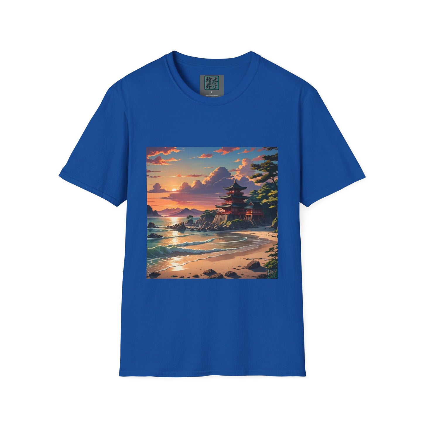 This is the Royal Temple of Peace Softstyle T-Shirt by Lee Hansheng Studios. It comes in sizes S-5XL. This is an image of the shirt from the front. On the inside of the shirt there is the studio's logo. The illustration shows a setting red/orange sun above clouds,two blue roof,brown/red walled temples on the right on top of the hills,mountains,blue/white waves into sand and a forest to the right.On the bottom right corner is the logo printed in black for the studio and outlined in blue.