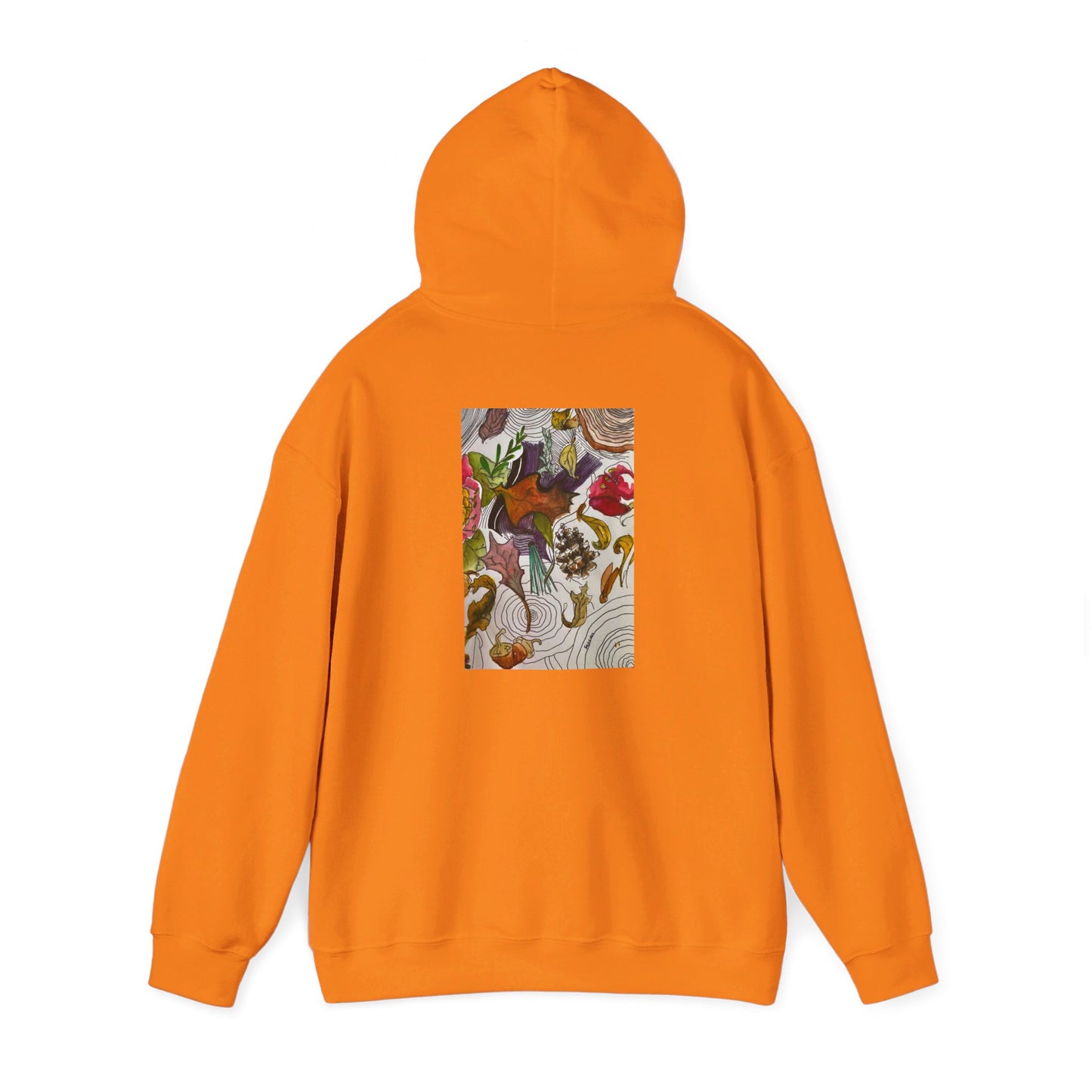 This is the Safety Orange Fall is falling Heavy Blend Hooded Sweatshirt by Storm Garden Studio. It comes in sizes S-5XL. The image is from the back with the hood up to show the shoulder area. The drawstring is color matched. The illustration is within a rectangle starting from the upper back to mid back. There are various conifers like leaves,pine cones,etc. There are also some flowers and a tree trunk ring.The colors are red, yellow, dark brown, purples, and green. It is against from a white background.