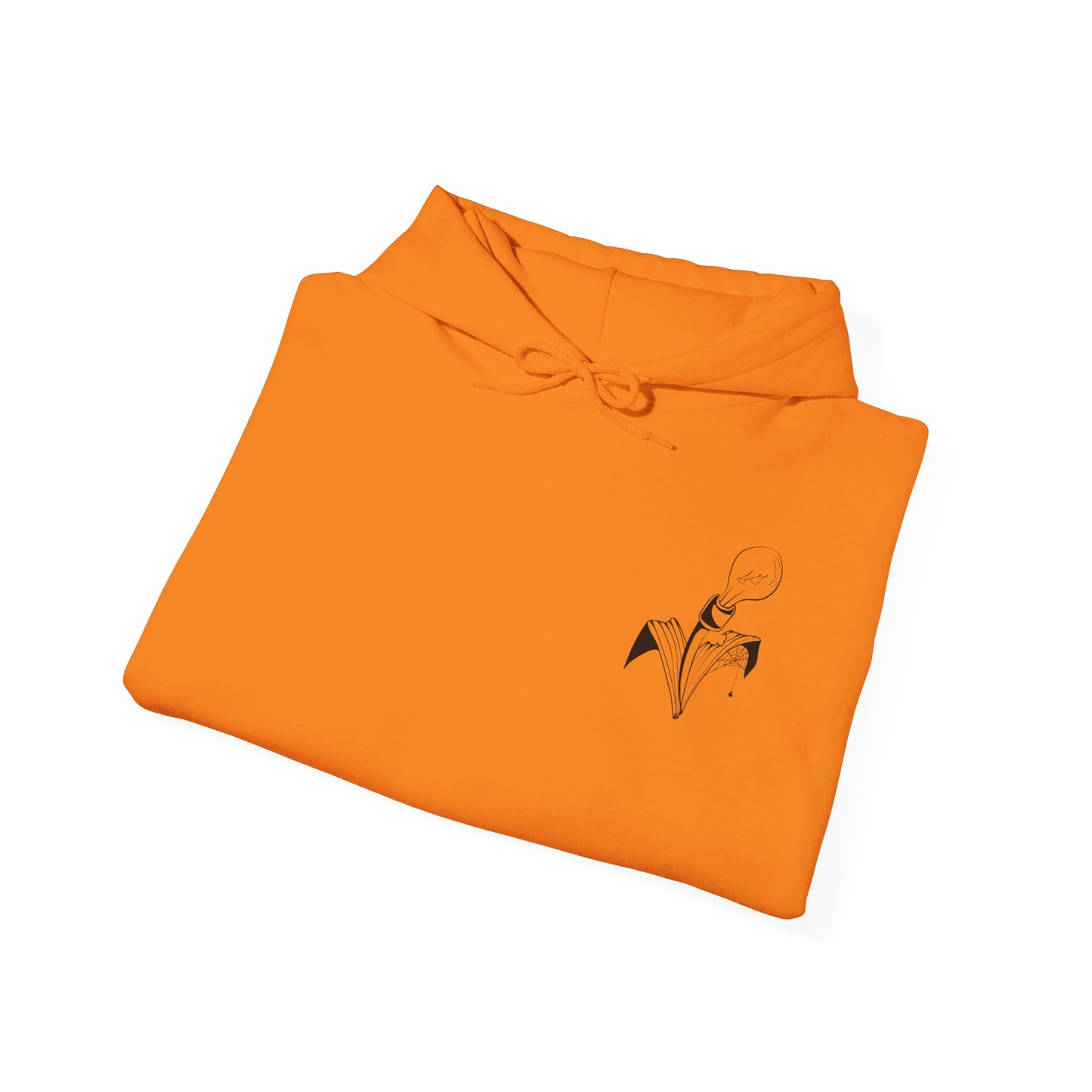 This is the Safety Orange Fall is falling Heavy Blend Hooded Sweatshirt by Storm Garden Studio. It comes in sizes S-5XL. The image is the sweatshirt folded from the front. The drawstring is color matched and has Storm Garden Studio logo printed in black on the left breast area. It is against a white background.