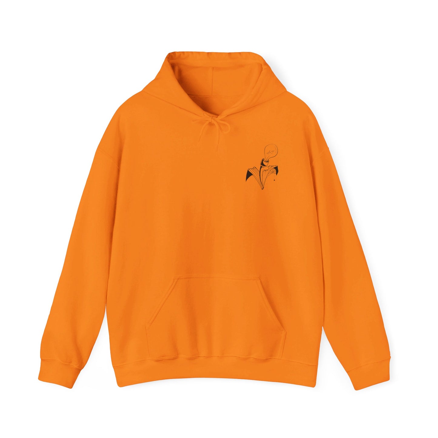 This is the Safety Orange Fall is falling Heavy Blend Hooded Sweatshirt by Storm Garden Studio. It comes in sizes S-5XL. The image is the sweatshirt from the front. The drawstring is color matched and has Storm Garden Studio logo printed in black on the left breast area. There is a large kangaroo pocket and is hemmed on sleeves/end of sweater. It is against a white background.