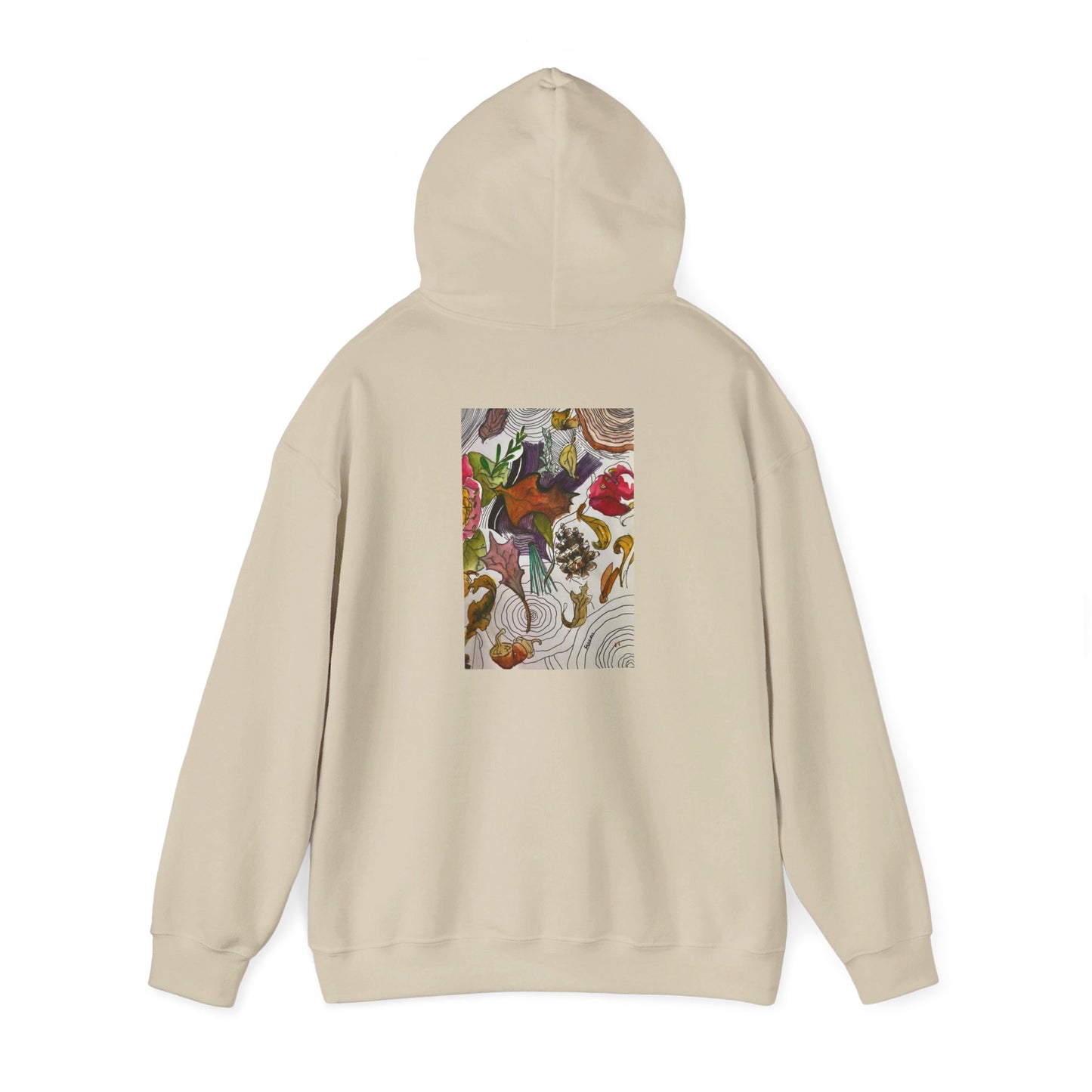 This is the Sand Fall is falling Heavy Blend Hooded Sweatshirt by Storm Garden Studio. It comes in sizes S-5XL. The image is from the back with the hood up to show the shoulder area. The drawstring is color matched. The illustration is within a rectangle starting from the upper back to mid back. There are various conifers like leaves,pine cones,etc. There are also some flowers and a tree trunk ring.The colors are red, yellow, dark brown, purples, and green. It is against from a white background.