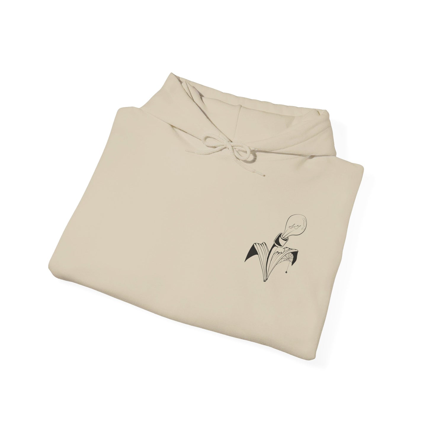 This is the Sand Fall is falling Heavy Blend Hooded Sweatshirt by Storm Garden Studio. It comes in sizes S-5XL. The image is the sweatshirt folded from the front. The drawstring is color matched and has Storm Garden Studio logo printed in black on the left breast area. It is against a white background.