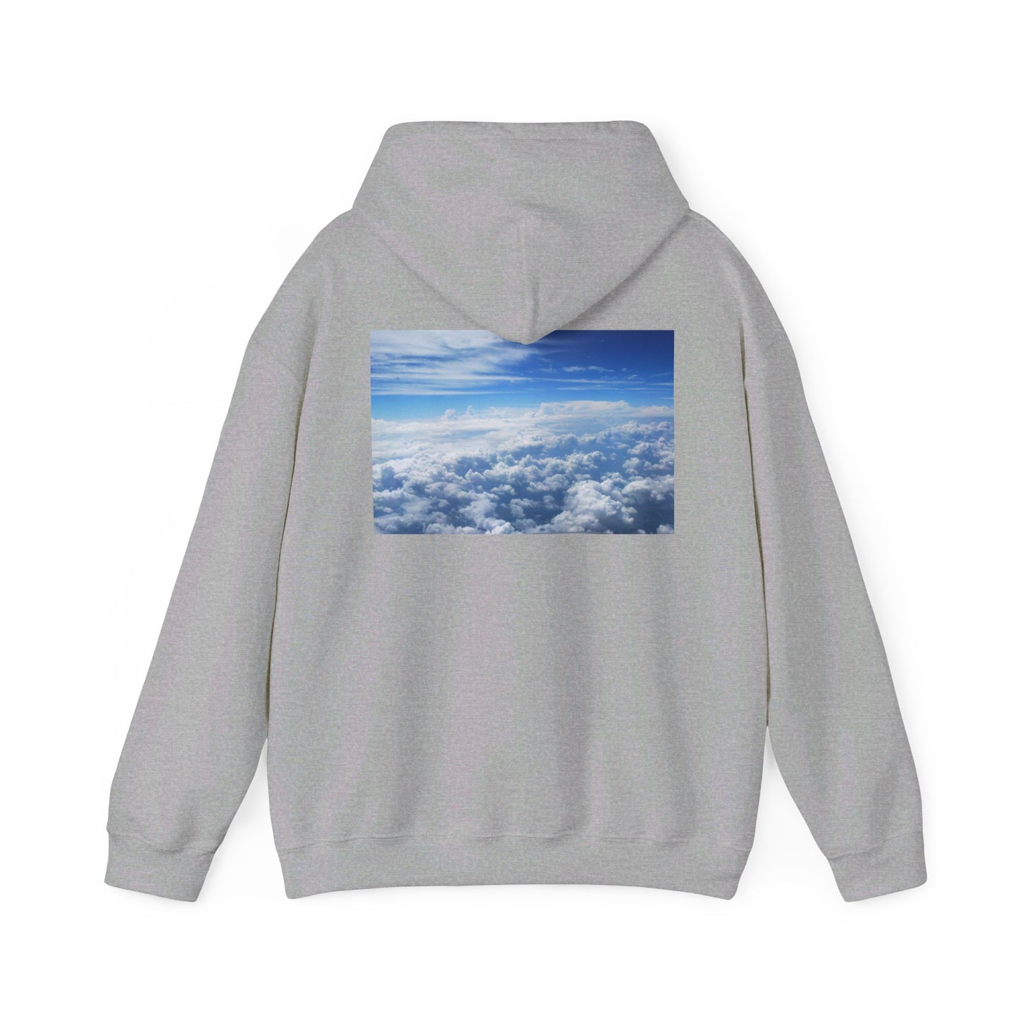 This is the Sport Grey Above the Clouds Hoodie by Lee Hansheng Studios. It comes in sizes S-5XL. This is the image of the back with the hood up. The illustration is between the upper back and ends before lower back. The illustration shows an overview of the clouds from the sky. Through the foreground are white, light blue, dark blue fluffy clouds that straighten out in the background. There are clear blue skies in the background. There is hemming on the wrists and end of the hoodie.