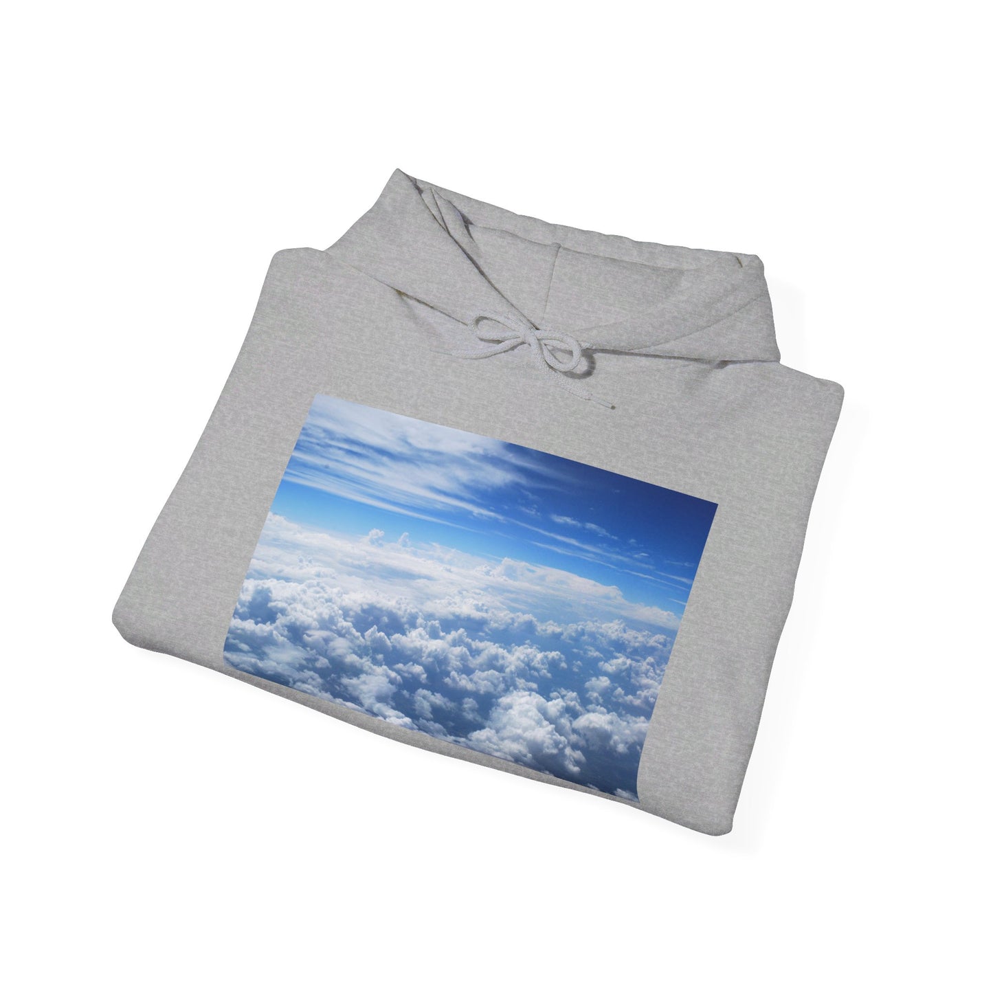 This is the Sport Grey Above the Clouds Hoodie by Lee Hansheng Studios. It comes in sizes S-5XL. The drawstring is tied and color matched. The illustration shows an overview of the clouds from the sky. Through the foreground are white, light blue, dark blue fluffy clouds that straighten out in the background. There are clear blue skies in the background. The hoodie is against a white background.