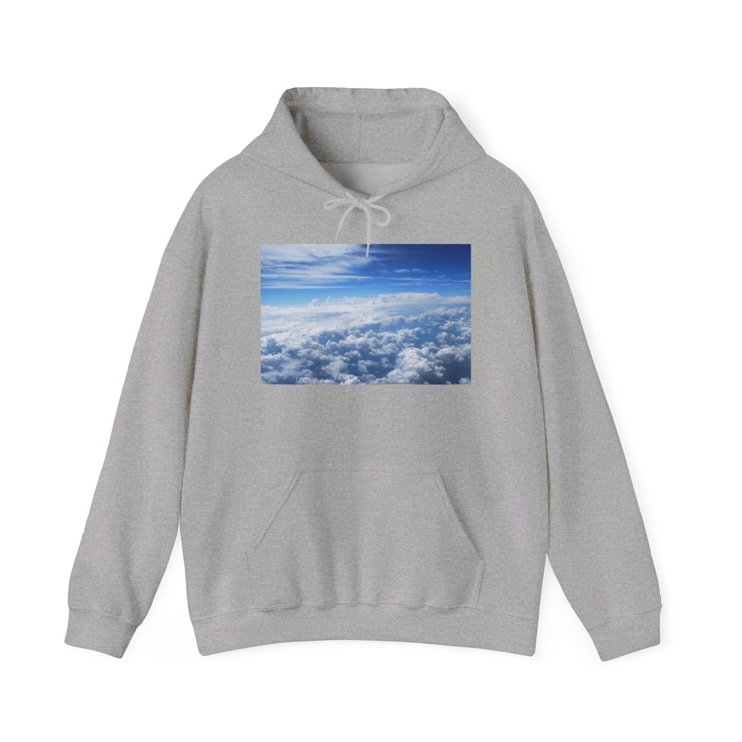 This is the Sport Grey Above the Clouds Hoodie by Lee Hansheng Studios. It comes in sizes S-5XL. This is the image of the front with a drawstring tied in a bow and color matched. The illustration on the front chest. The illustration shows an overview of the clouds from the sky. Through the foreground are white, light blue, dark blue fluffy clouds that straighten out in the background. There are clear blue skies in the background. There is a kangaroo pocket, hemming on the wrists and end of the hoodie.