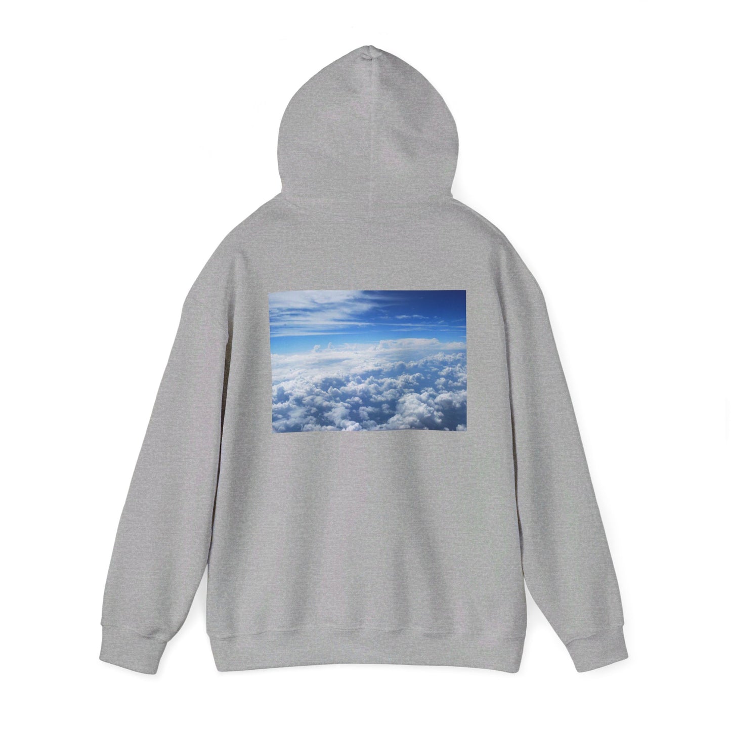 This is the Sport Grey Above the Clouds Hoodie by Lee Hansheng Studios. It comes in sizes S-5XL. This is the image of the back with the hood up. The illustration is between the upper back and ends before lower back. The illustration shows an overview of the clouds from the sky. Through the foreground are white, light blue, dark blue fluffy clouds that straighten out in the background. There are clear blue skies in the background. There is hemming on the wrists and end of the hoodie.