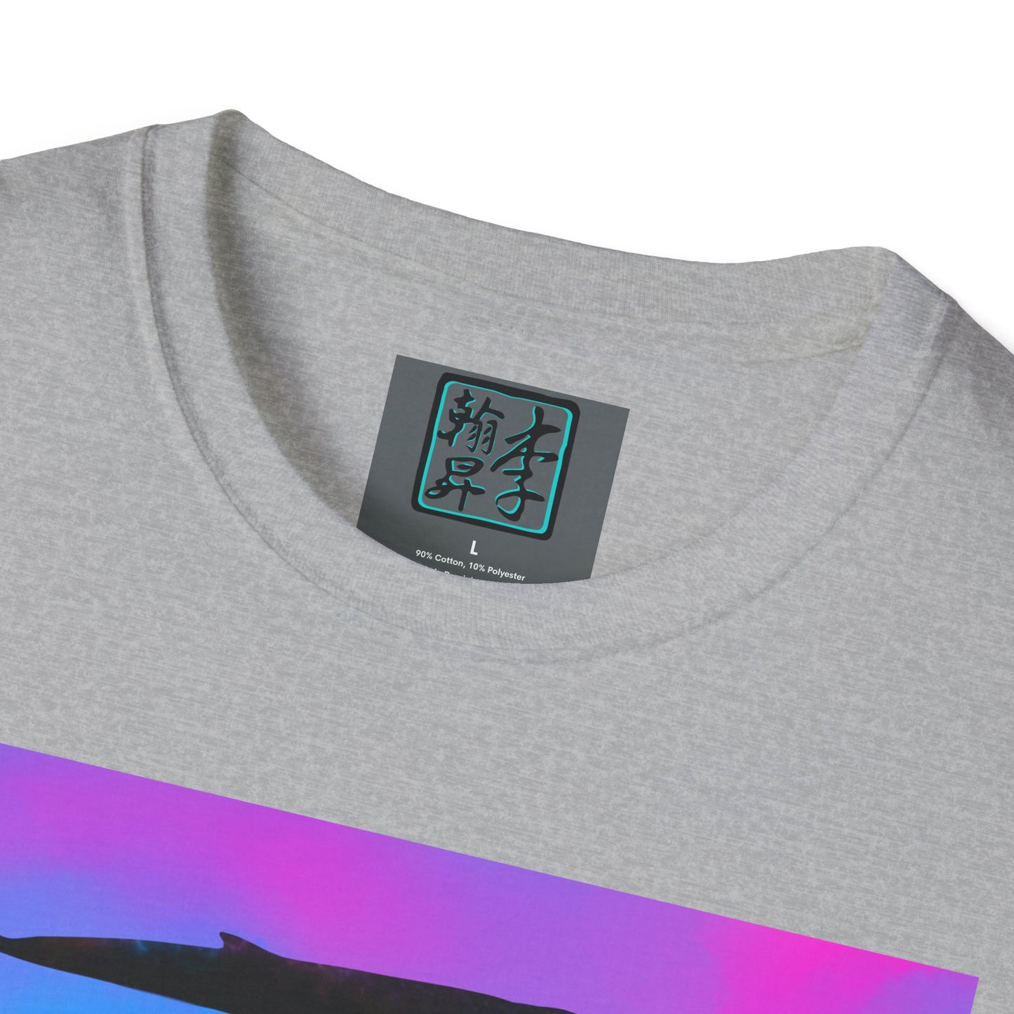 This is the Sport Grey Into the Abyss Softstyle T-Shirt by Lee Hansheng Studios. This shows a close up of the front where the neck is. The illustration is underwater seascape with aquatic plants on a marbled background. What can be seen is a blue whale with a mix of colors of purple, pink and blue. The inside of the shirt has a gray label with the studio logo and the size label underneath printed in white. The shirt is against a white background.
