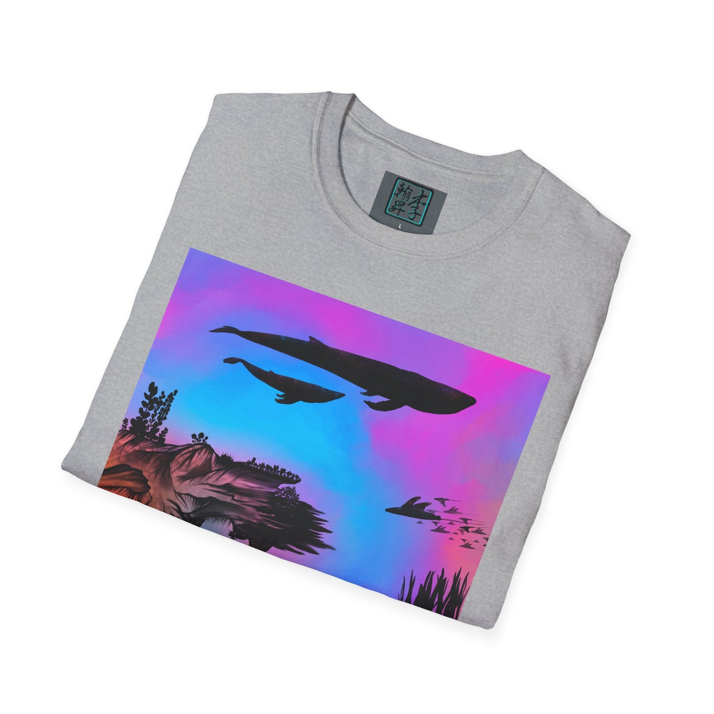 This is the Sport Grey Into the Abyss Softstyle T-Shirt by Lee Hansheng Studios. This shows the front of the shirt folded. The illustration is underwater seascape with aquatic plants on a marbled background. What can be seen is the two blue whales and a school of fish. The inside of the shirt has a gray label with the studio logo and the size label underneath printed in white. The shirt is against a white background.