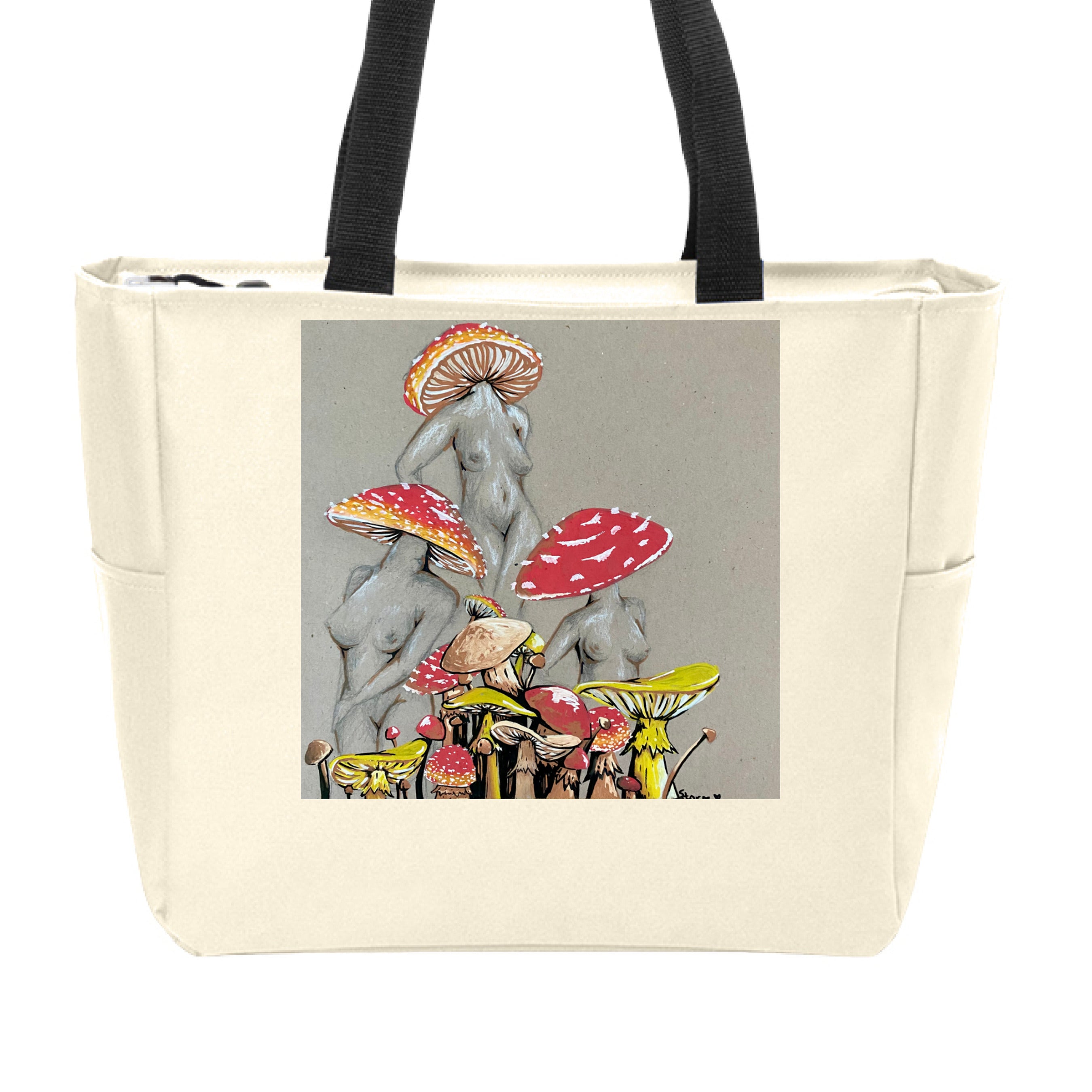 Miss Amanita Zip Tote bag with mushroom-themed canvas exterior, synthetic polyester handles, and compact 14-inch length from