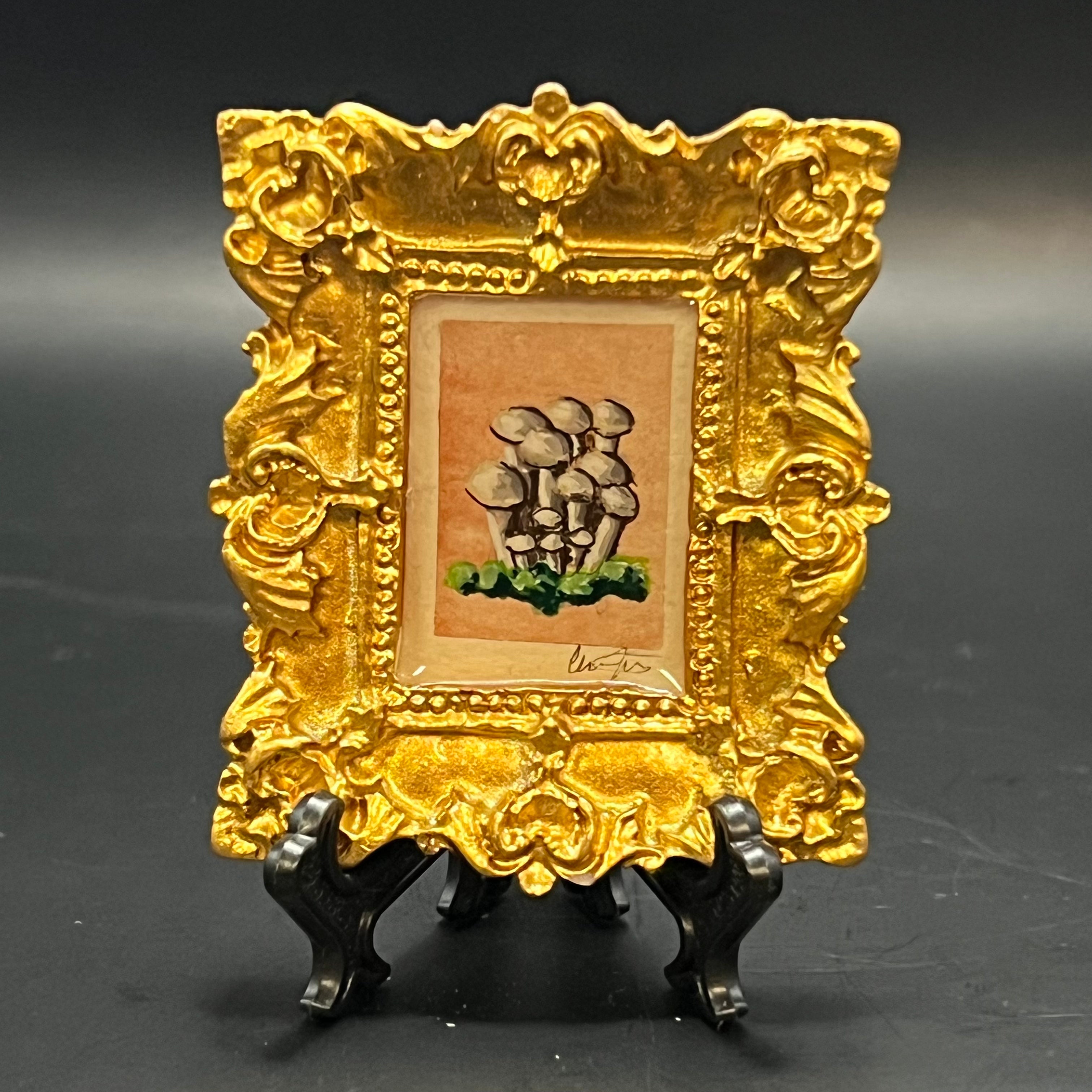 CFD Straw Mushrooms mini painting by Chris Foster, mixed media on paper, 4x6 inches, framed, Fragment of Wonder series