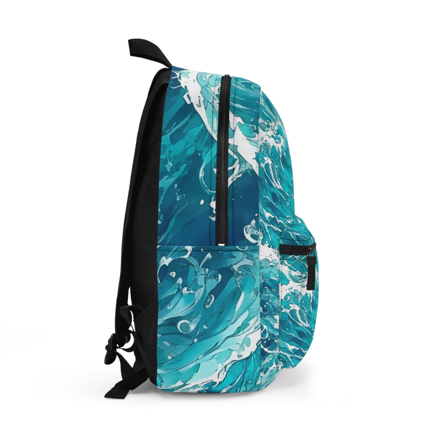 This is the all around print Swirling Seas Backpack by Lee Hansheng Studios. This shows the left side of the backpack with one large zipper and two shoulder straps. The illustration is multiple crashing waves of different sizes from left to right with white, light blue and blue colors. It is against a white background.