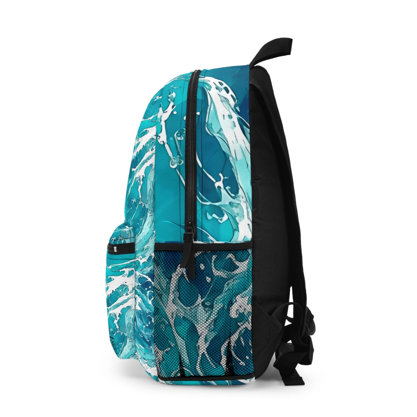This is the all around print Swirling Seas Backpack by Lee Hansheng Studios. This shows the right side of the backpack with one large zipper, a front pouch zipper, underneath the large zipper is a see through pouch and two shoulder straps. The illustration is multiple crashing waves of different sizes from left to right with white, light blue and blue colors. On the bottom right of the pouch is where the studio logo is printed in black. It is against a white background.