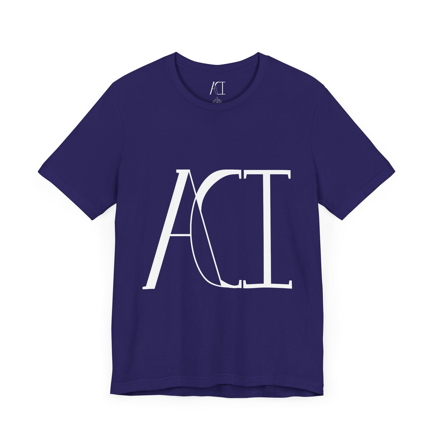 This is the team navy crewneck ACI t-shirt. It is closer to a dark purple color. The front showcases a large ACI logo in the middle of the shirt. The print is white and is printed with the size label in white on the inside of the shirt. The tab also has the ACI logo.