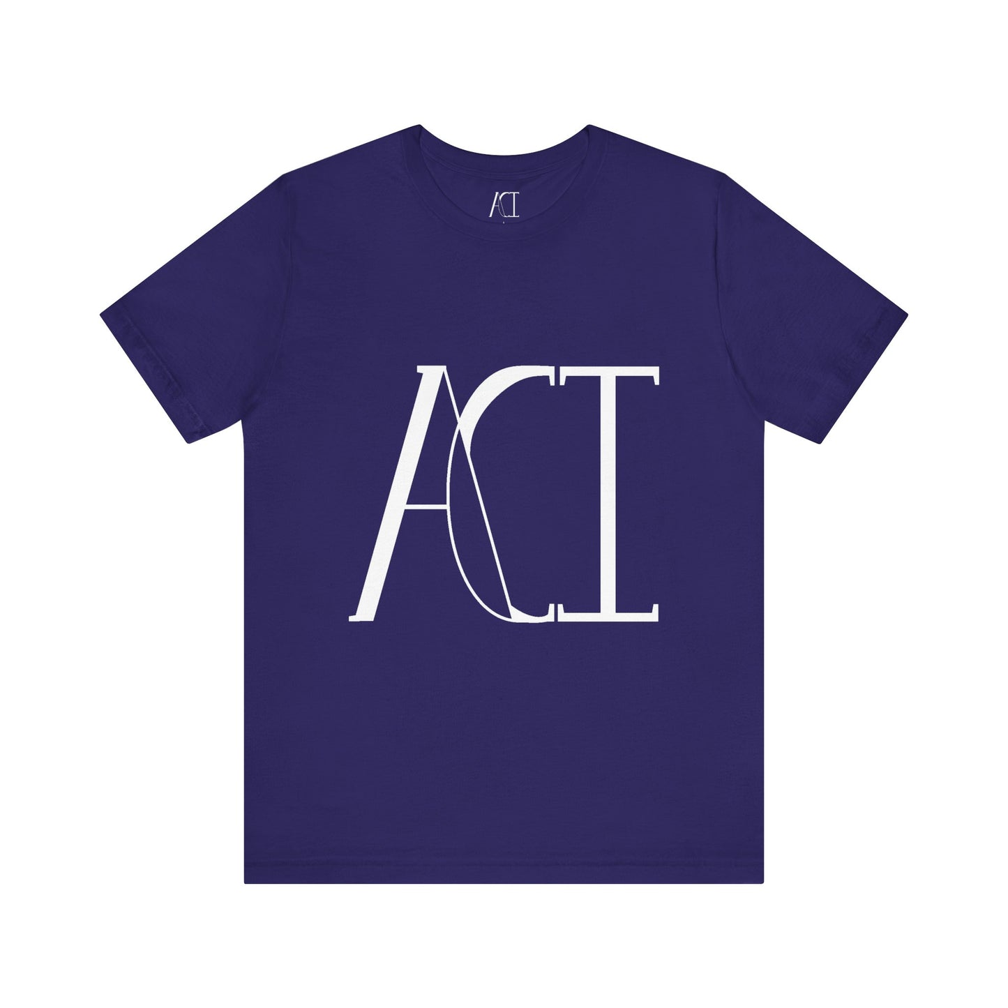 This is a team navy crewneck ACI t-shirt. The front showcases a large ACI logo in the middle of the shirt. The print is white and is printed with the size label in white on the inside of the shirt. The tab also has the ACI logo. This is the flat front picture of the shirt.