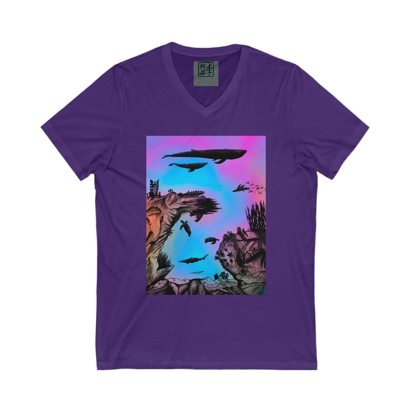 This is the Team Purple Into the Abyss V-Neck Tee by Lee Hansheng Studios. This shows the front of the shirt. The illustration is underwater seascape with aquatic plants on a marbled background. There are two blue whales, 1 goblin shark, school of eagle rays, two sea turtles and a school of fish. On the bottom right corner is the studio's logo printed in black outlined in blue. The inside of the shirt has a gray label with the studio logo and the size label underneath printed in white.