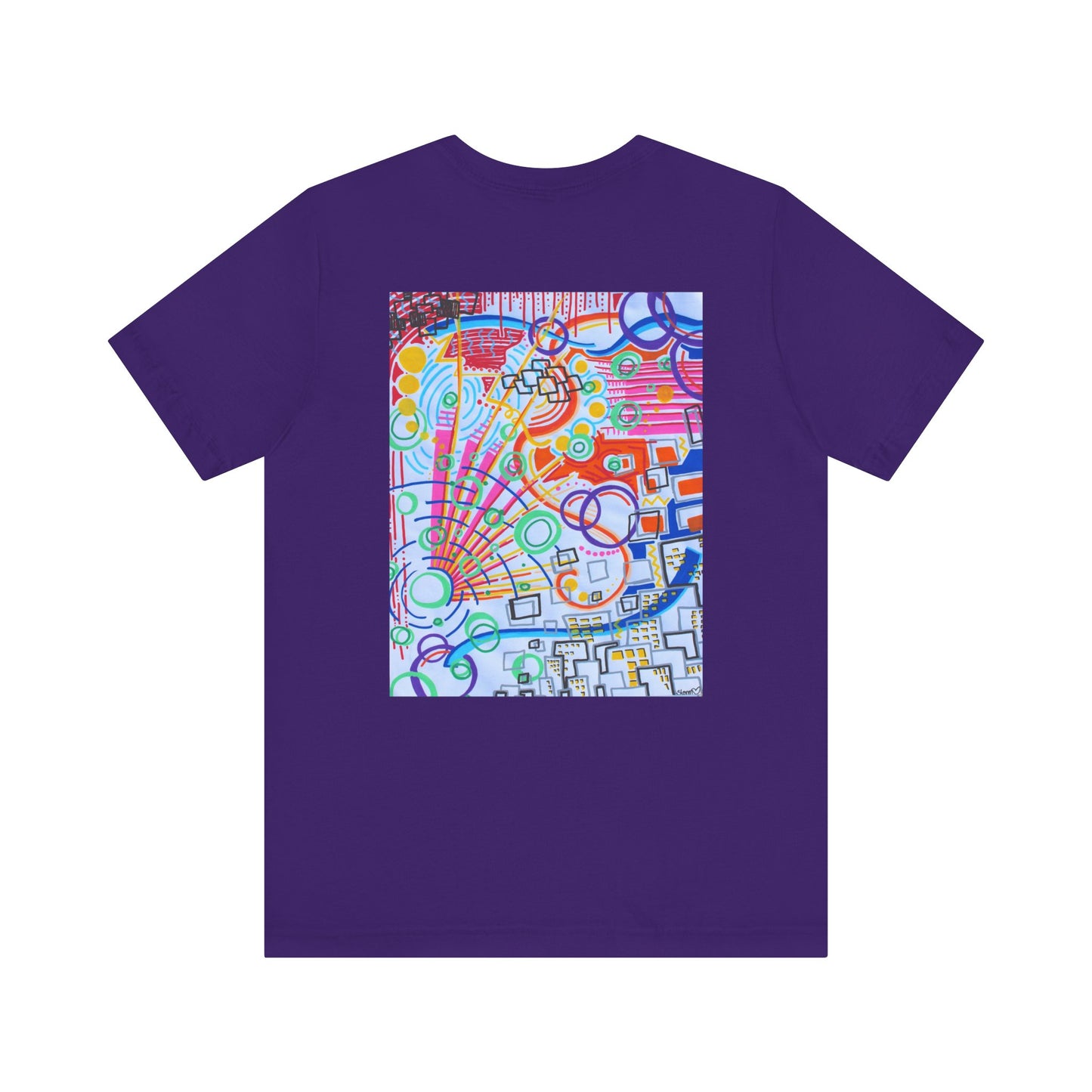 This is the Team Purple The City Jersey T-Shirt by Storm Garden Studio. This showcases the back of the shirt. The image is from the upper back to the mid waist. The illustration is rectangular shaped and has a multitude of colors like blue, red, pink, yellow, green and light blue. It is an abstract image with building shapes, circles and squiggles. This is against a white background.
