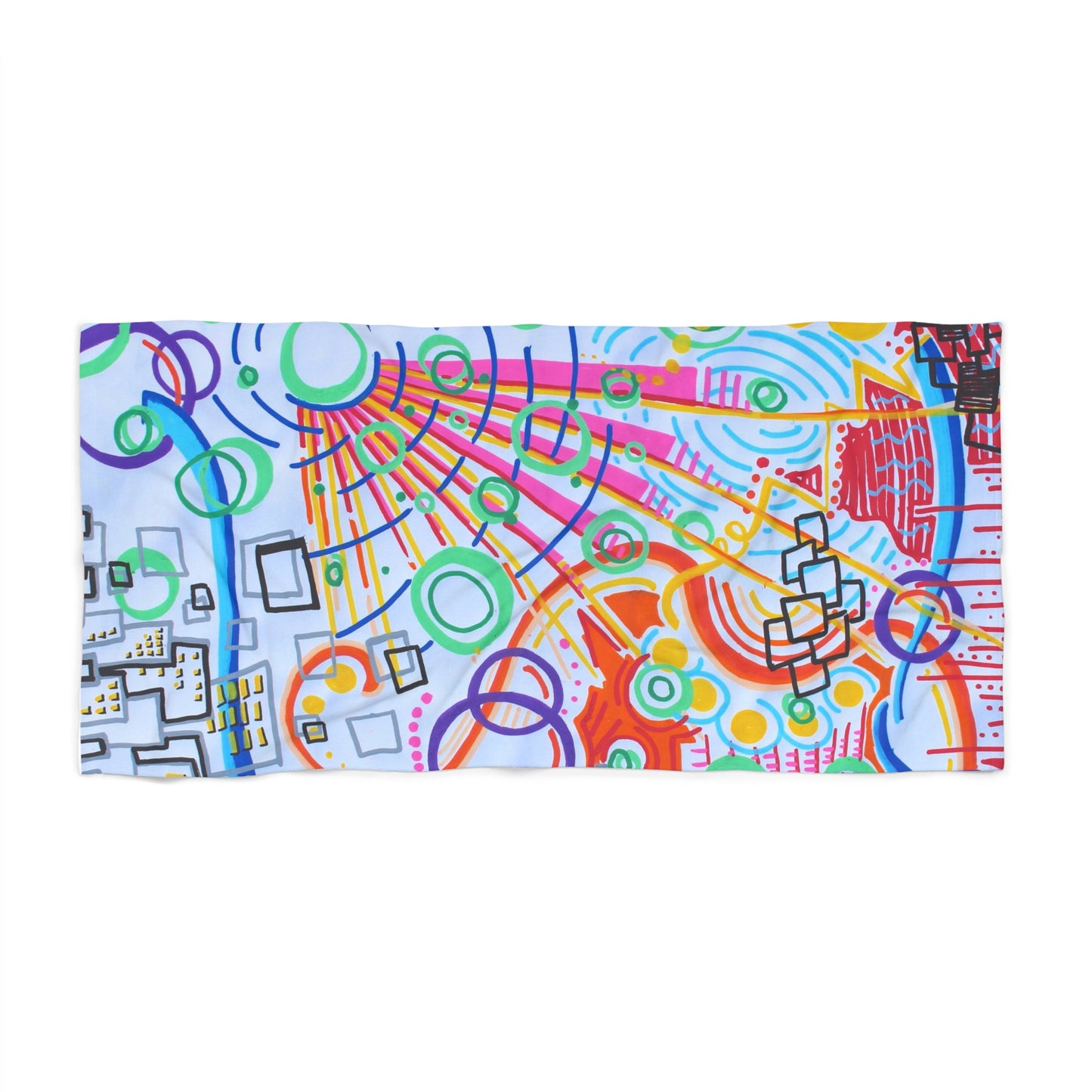 This is the 30" x 60" The City Beach Towel by Storm Garden Studio. The illustration is rectangular shaped and has a multitude of colors like blue, red, pink, yellow, green and light blue. It is an abstract image with building shapes, circles and squiggles. The towel is against a white background and showcases the front.
