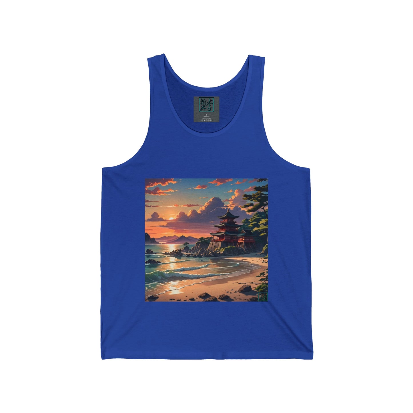 This is the True Royal Temple of Peace Tank by Lee Hansheng Studios. It comes in sizes S-2XL.This showcases the front of the tank.The inside of the shirt there is the studio's logo on a gray backing and size label in white.The illustration shows a setting red/orange sun above clouds,two blue roof,brown/red walled temples on the right on top of the hills,mountains,blue/white waves into sand and a forest to the right.Bottom right corner is the logo printed in black for the studio and outlined in blue.
