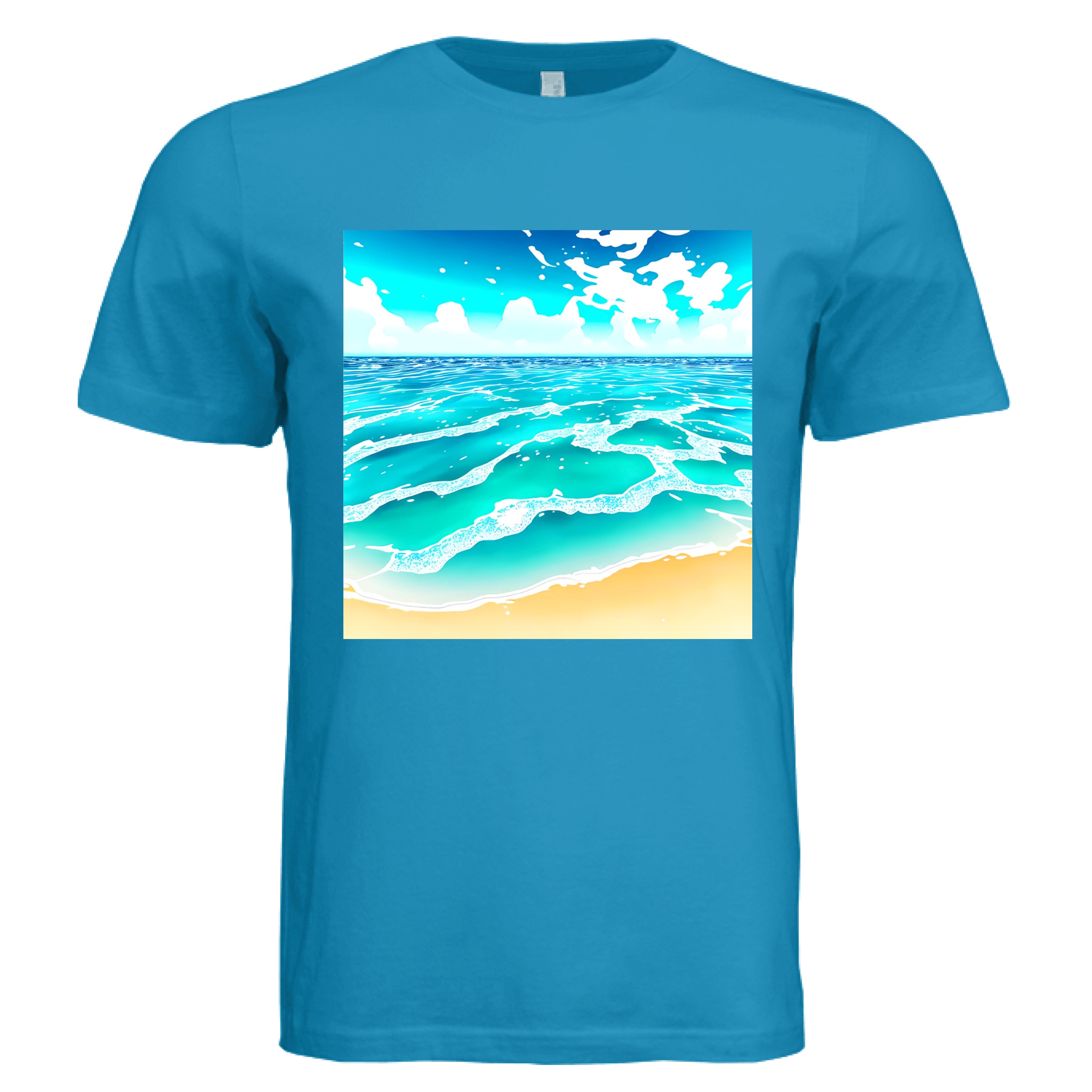Close-up of the Beach Life T-Shirt’s relaxed fit, showing soft cotton fabric in ocean blue with subtle brushed texture and