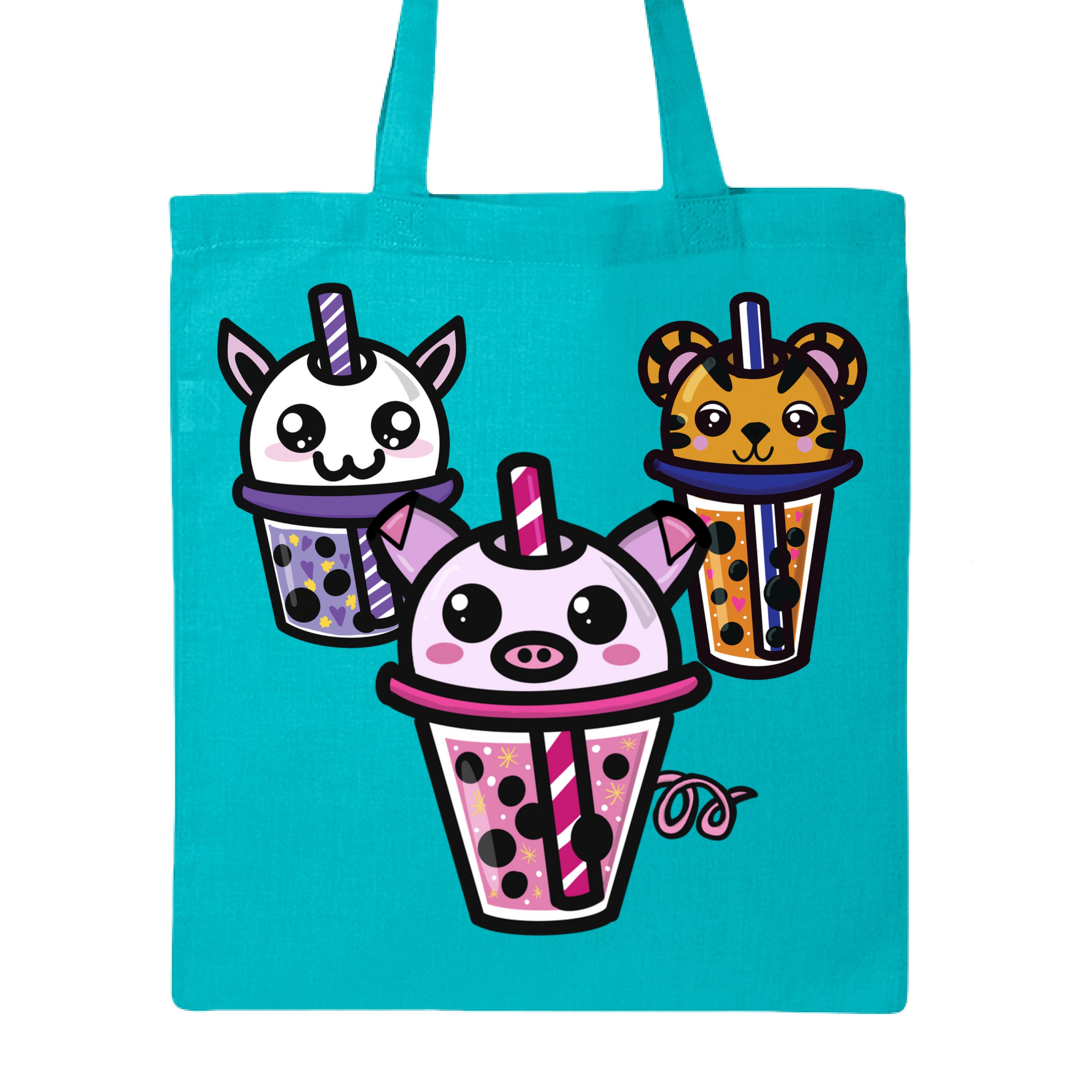 Close-up of the Boba Friends canvas tote displaying colorful printed design on textured organic cotton, with reinforced