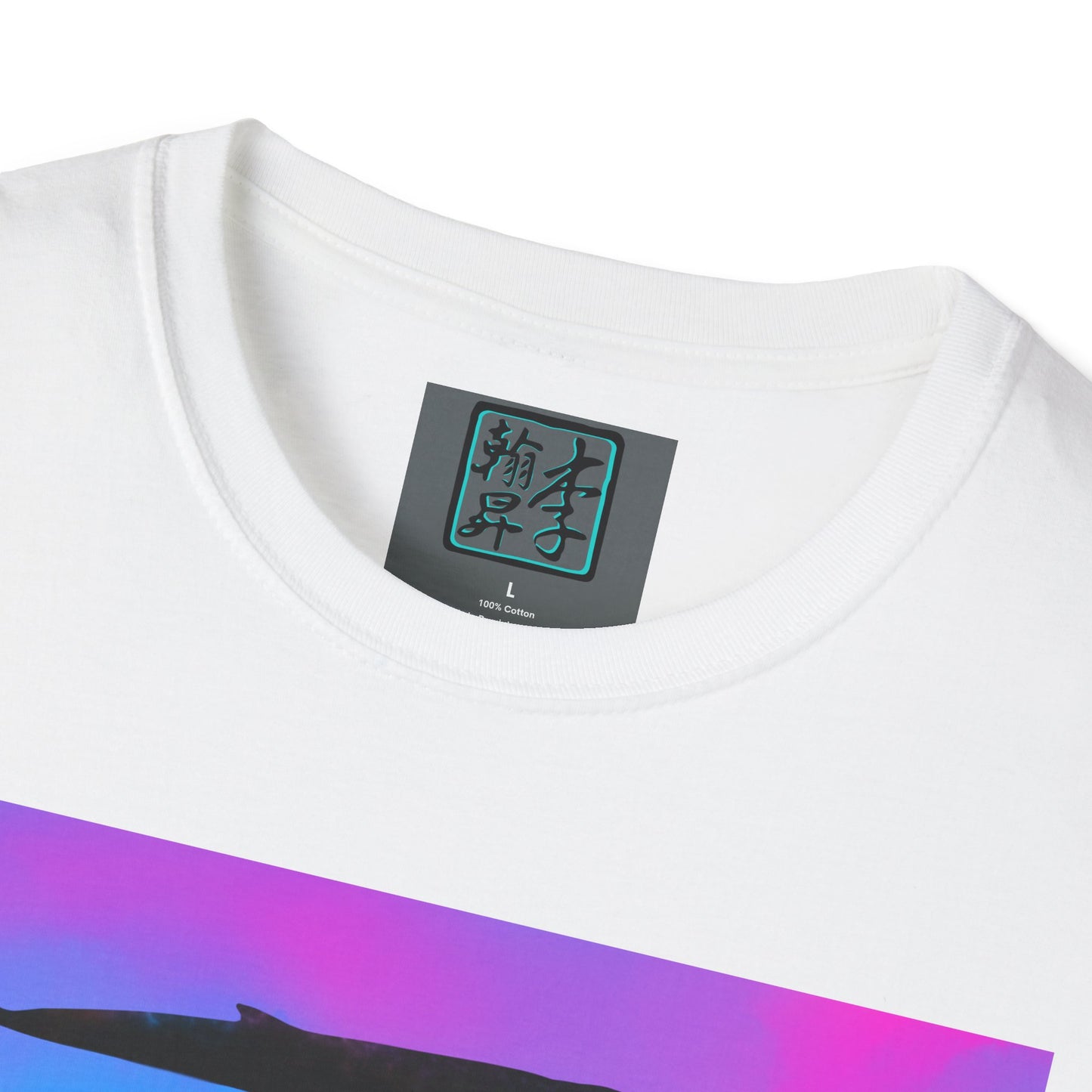 This is the White Into the Abyss Softstyle T-Shirt by Lee Hansheng Studios. This shows a close up of the front where the neck is. The illustration is underwater seascape with aquatic plants on a marbled background. What can be seen is a blue whale with a mix of colors of purple, pink and blue. The inside of the shirt has a gray label with the studio logo and the size label underneath printed in white. The shirt is against a white background.