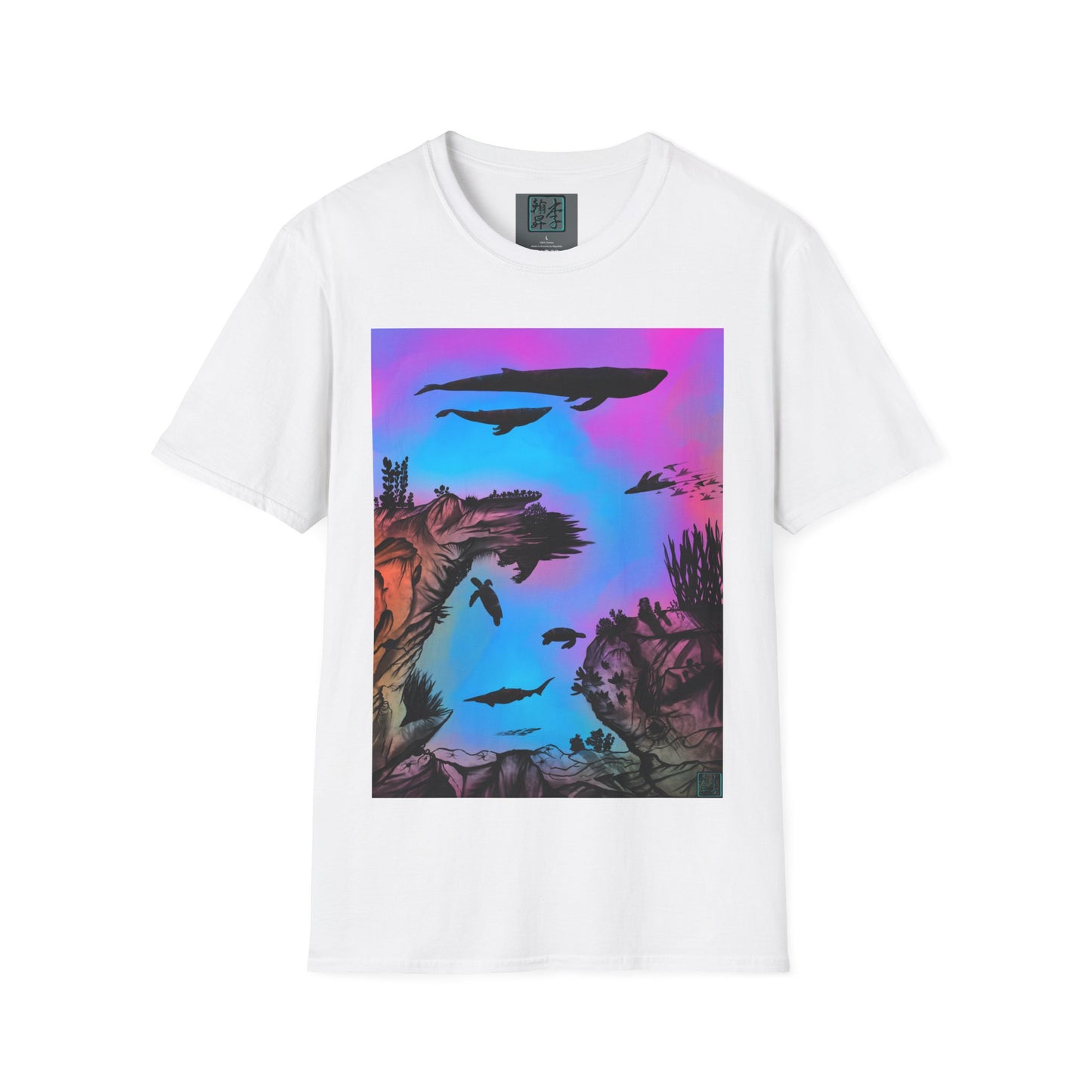This is the White Into the Abyss V-Neck Tee by Lee Hansheng Studios. This shows the front of the shirt. The illustration is underwater seascape with aquatic plants on a marbled background. There are two blue whales, 1 goblin shark, school of eagle rays, two sea turtles and a school of fish. On the bottom right corner is the studio's logo printed in black outlined in blue. The inside of the shirt has a gray label with the studio logo and the size label underneath printed in white.