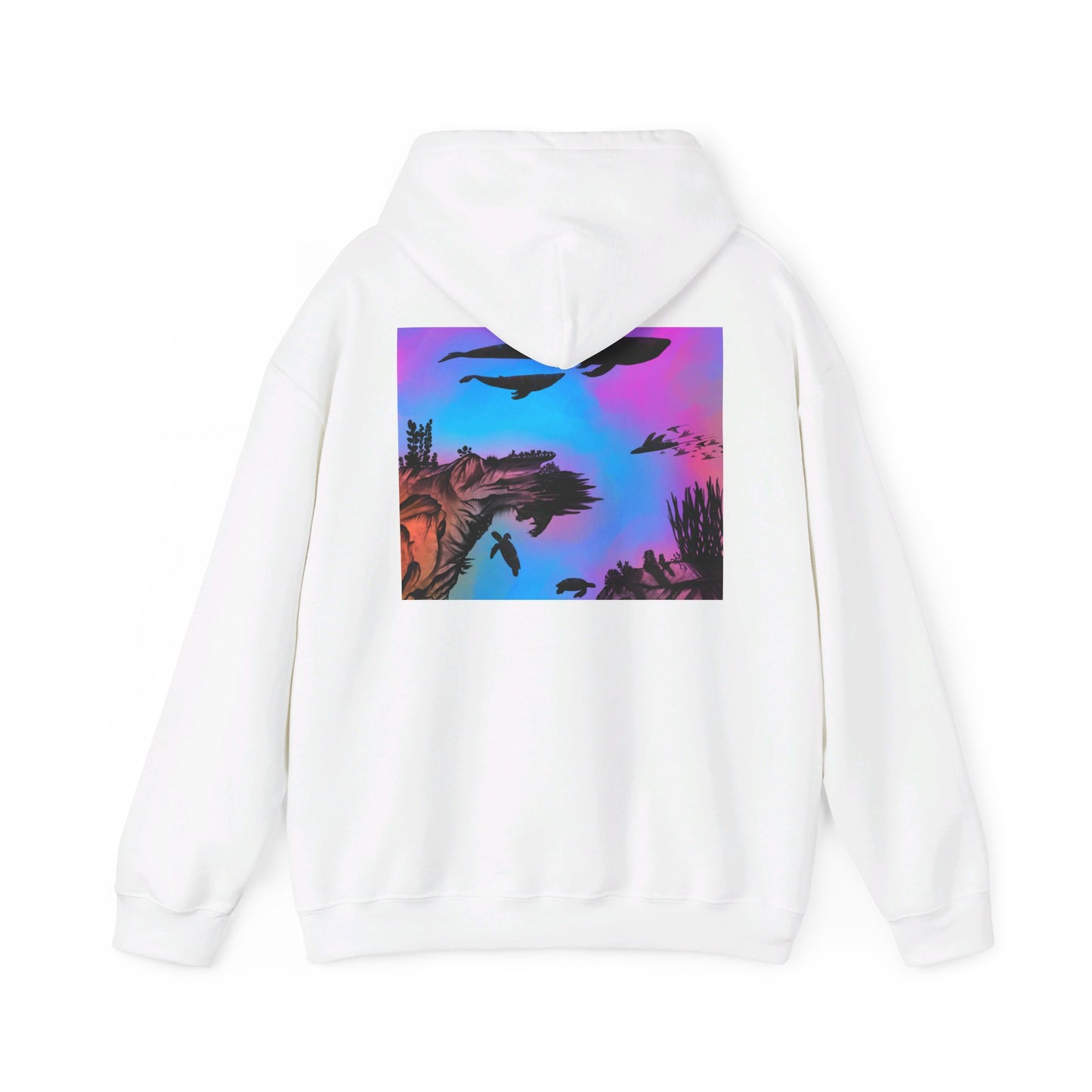 This is the White Into the Abyss Heavy Blend Hooded Sweatshirt by Lee Hansheng Studios. It comes in sizes S-5XL. The image shows the sweatshirt from the back with the hood down. The illustration is a square shape of an underwater seascape with aquatic plants on a marbled background. The square fits the whole upper back. There are two blue whales, 1 goblin shark, school of eagle rays, two sea turtles and a school of fish. The image is against a white background.