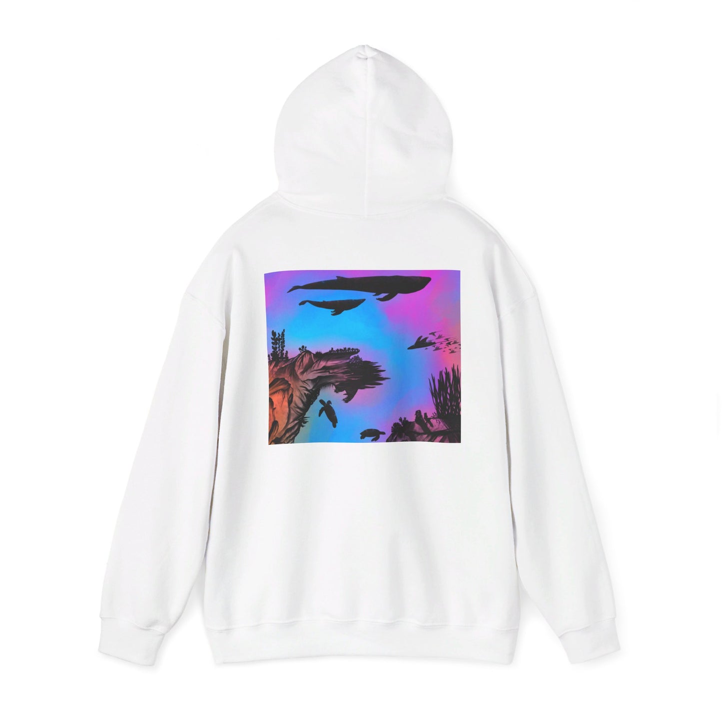 This is the White Into the Abyss Heavy Blend Hooded Sweatshirt by Lee Hansheng Studios. It comes in sizes S-5XL. The image shows the sweatshirt from the back with the hood up. The illustration is a square shape of an underwater seascape with aquatic plants on a marbled background. The square fits the whole upper back. There are two blue whales, 1 goblin shark, school of eagle rays, two sea turtles and a school of fish. The image is against a white background.