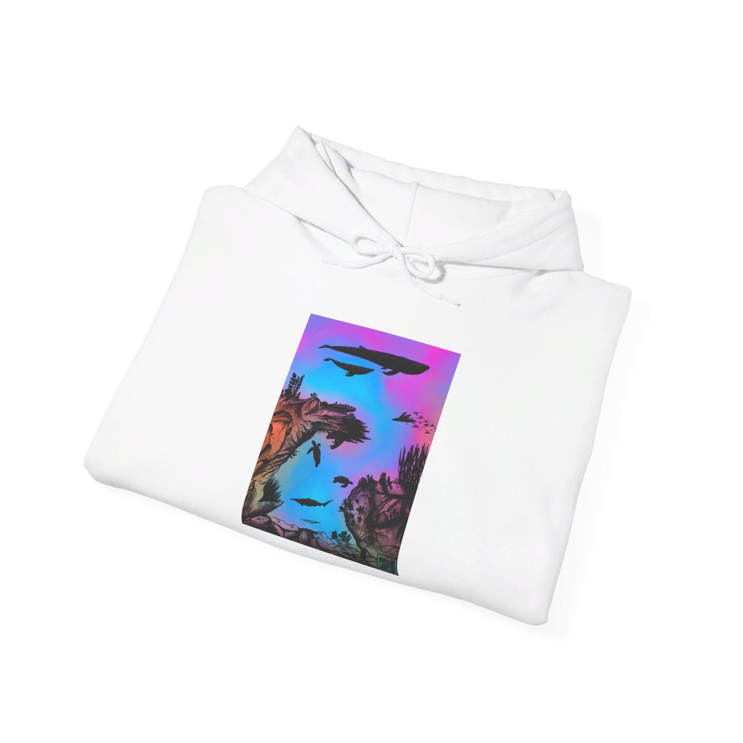 This is the White Into the Abyss Heavy Blend Hooded Sweatshirt by Lee Hansheng Studios. It comes in sizes S-5XL. The image shows the sweatshirt folded, the drawstring is tied in a bow and color matched. The illustration is a rectangular shape of an underwater seascape with aquatic plants on a marbled background. There are two blue whales, 1 goblin shark, school of eagle rays, two sea turtles and a school of fish. The image is against a white background.