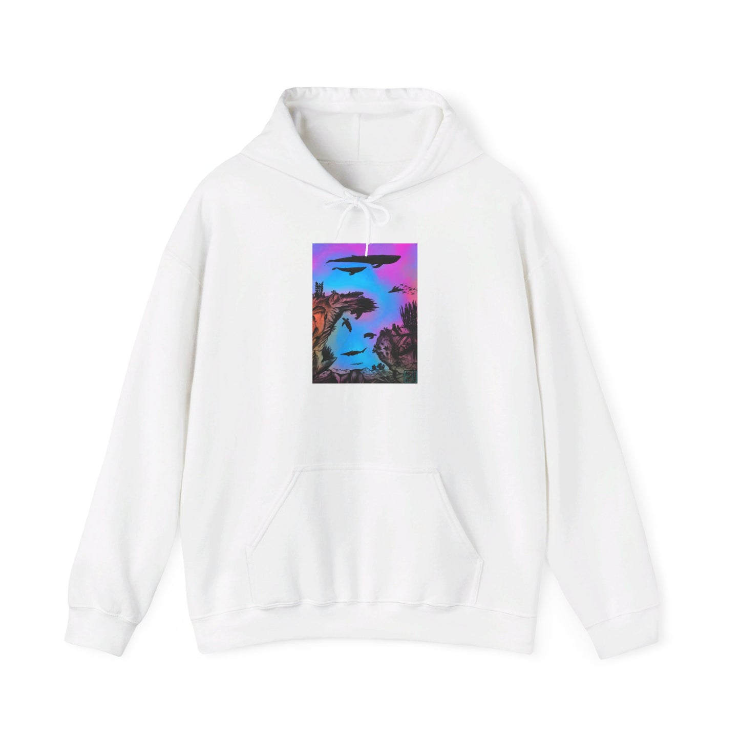This is the White Into the Abyss Heavy Blend Hooded Sweatshirt by Lee Hansheng Studios. It comes in sizes S-5XL. The image shows the sweatshirt from the front. The illustration is a rectangular shape of an underwater seascape with aquatic plants on a marbled background. There are two blue whales, 1 goblin shark, school of eagle rays, two sea turtles and a school of fish. There is a kangaroo pocket. There is hemming on the wrists and end of it. The image is against a white background.
