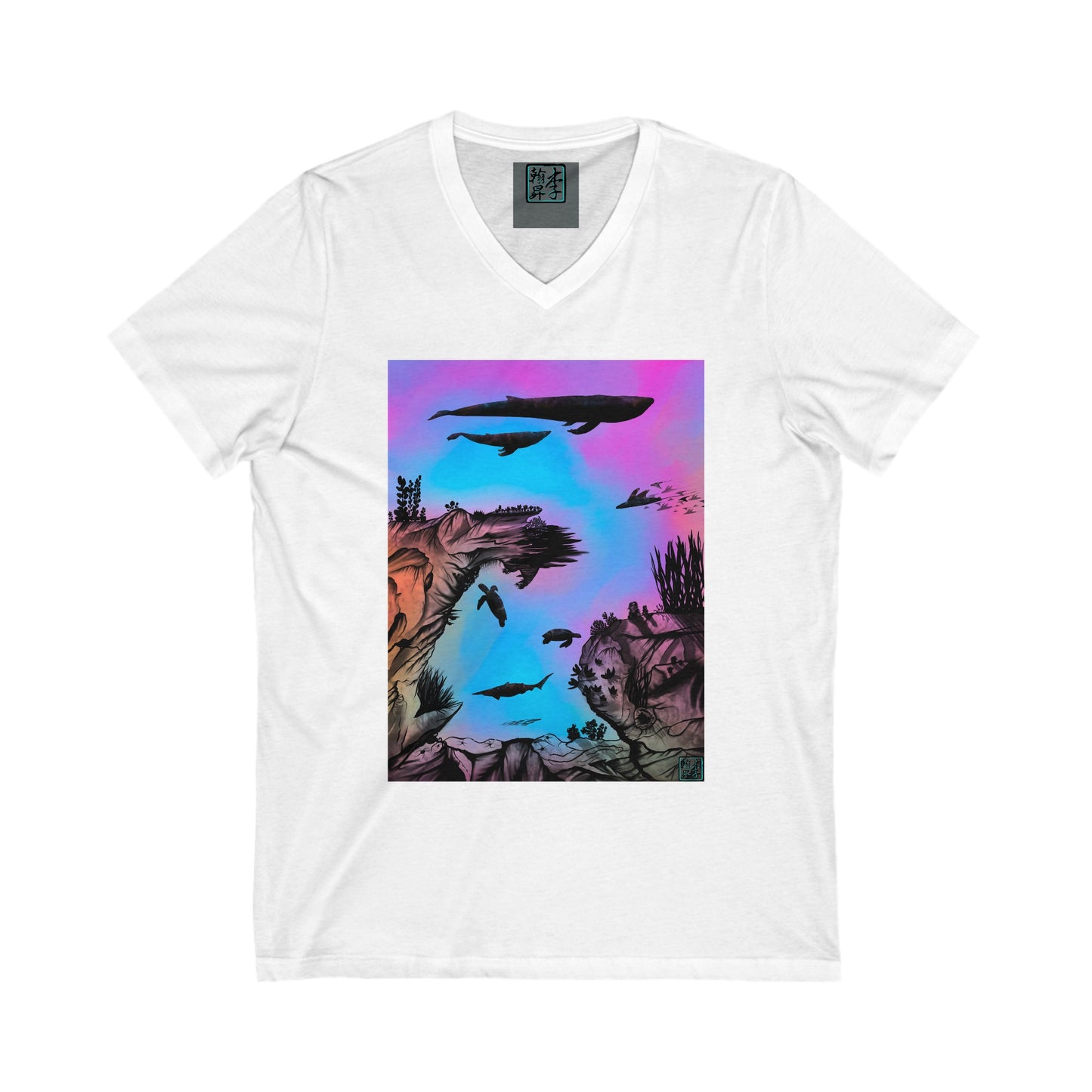 This is the White Into the Abyss V-Neck Tee by Lee Hansheng Studios. This shows the front of the shirt. The illustration is underwater seascape with aquatic plants on a marbled background. There are two blue whales, 1 goblin shark, school of eagle rays, two sea turtles and a school of fish. On the bottom right corner is the studio's logo printed in black outlined in blue. The inside of the shirt has a gray label with the studio logo and the size label underneath printed in white.