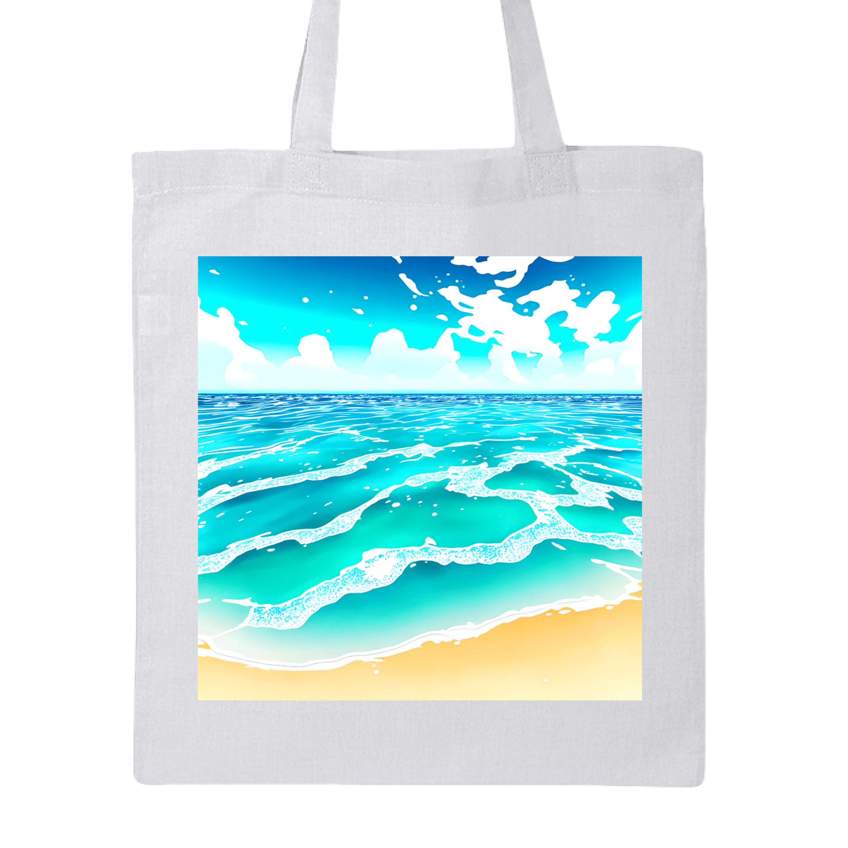 The Art Collective International Beach Life canvas tote bag in white cotton with blue coastal print and dual carrying handles