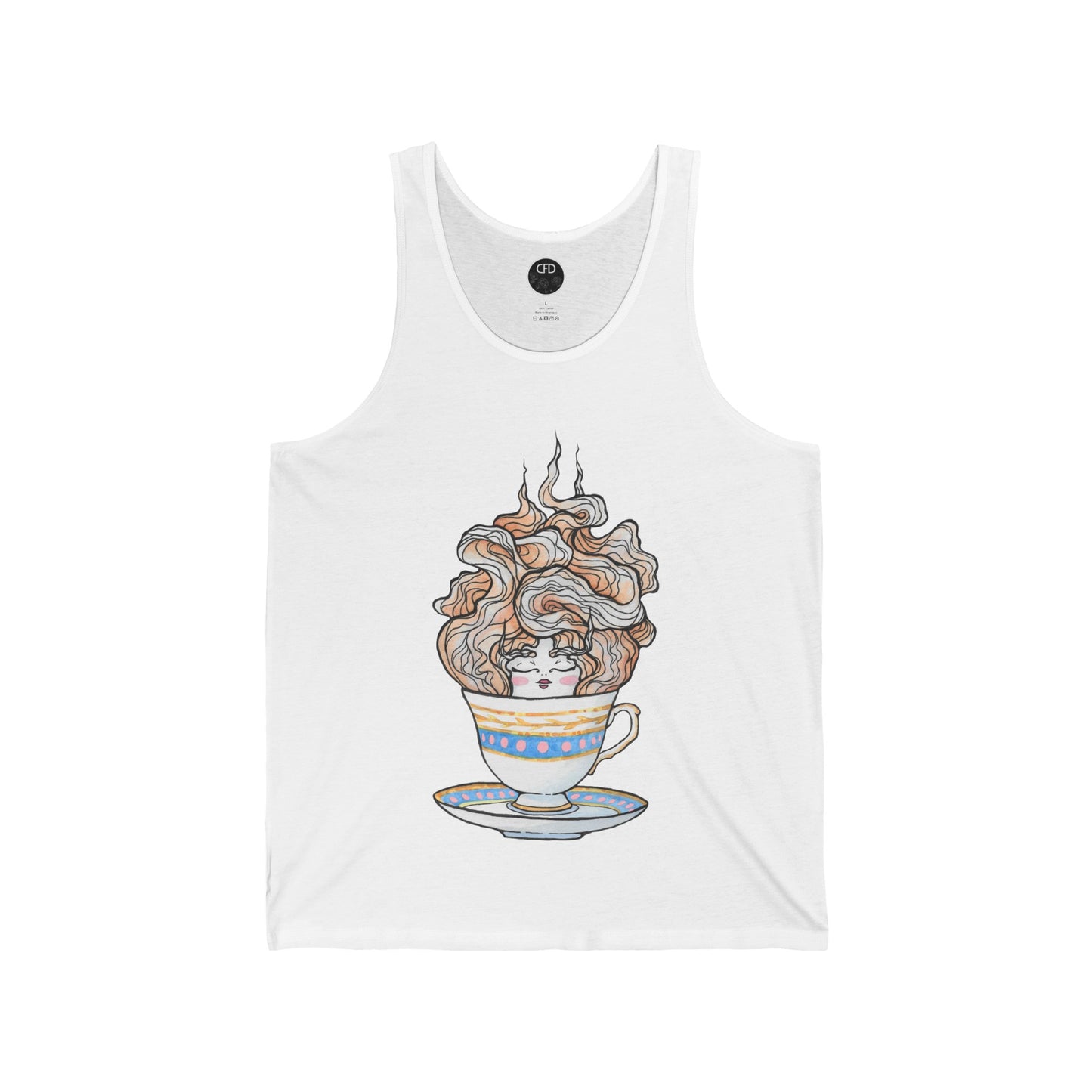 This is the White English Breakfast Tea Tank by Chris Foster Design. It comes in sizes XS-2XL. This is an image of the front with a circular CFD logo in white lettering and black background. The size label is below the logo in black. A teacup that is light blue, yellow and white with light pink, white and red steam that is going upwards. There is a lady's face in the middle and beginning of the teacup with her eyes closed, red lips, blushing pink cheeks. and eyebrows that go upward.