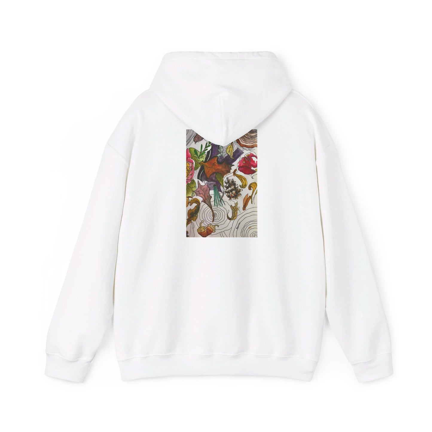 This is the White Fall is falling Heavy Blend Hooded Sweatshirt by Storm Garden Studio. It comes in sizes S-5XL. The image is from the back with the hood down. The drawstring is color matched. The illustration is within a rectangle starting from the upper back to mid back. There are various conifers like leaves,pine cones,etc. There are also some flowers and a tree trunk ring.The colors are red, yellow, dark brown, purples, and green. It is against from a white background.