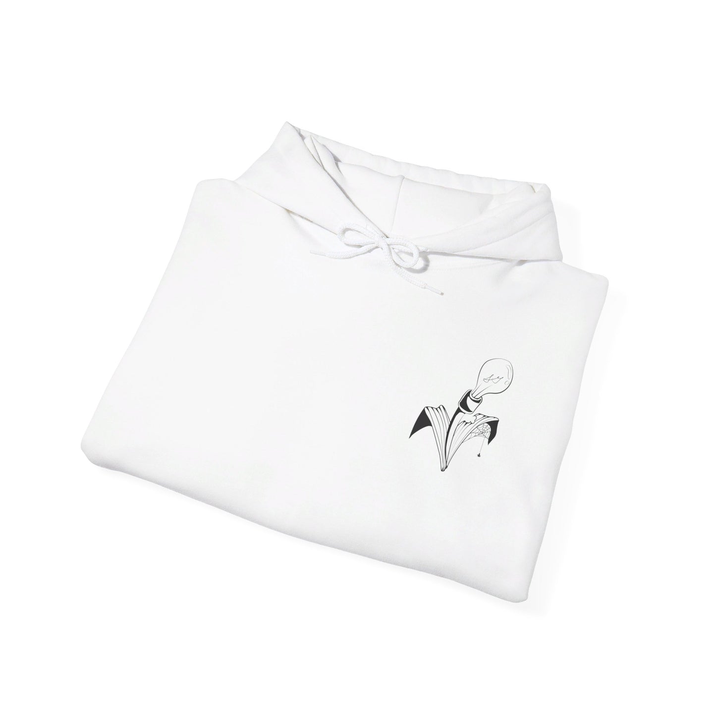 This is the White Fall is falling Heavy Blend Hooded Sweatshirt by Storm Garden Studio. It comes in sizes S-5XL. The image is the sweatshirt folded from the front. The drawstring is color matched and has Storm Garden Studio logo printed in black on the left breast area. It is against a white background.