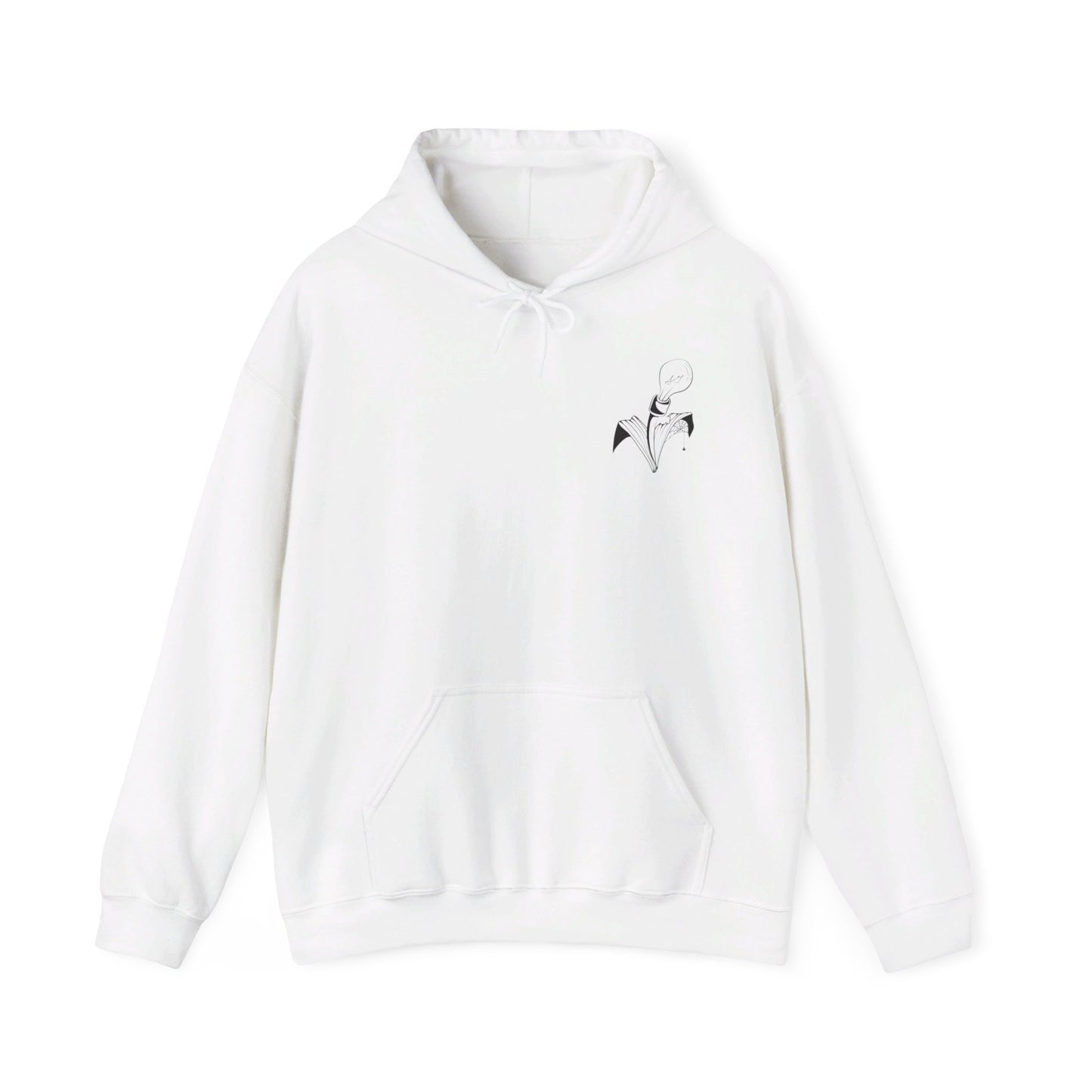 This is the White Fall is falling Heavy Blend Hooded Sweatshirt by Storm Garden Studio. It comes in sizes S-5XL. The image is the sweatshirt from the front. The drawstring is color matched and has Storm Garden Studio logo printed in black on the left breast area. There is a large kangaroo pocket and is hemmed on sleeves/end of sweater. It is against a white background.