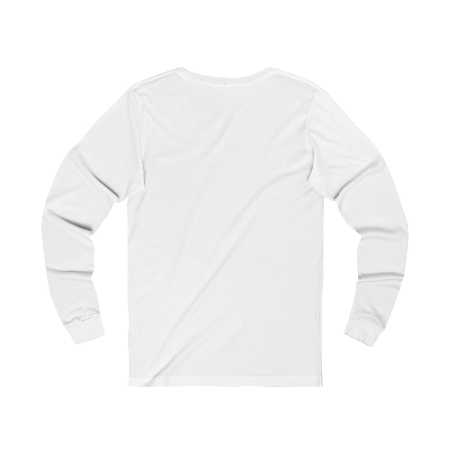 This is the White Fall is falling Long Sleeve by Storm Garden Studio. This is showcasing the back side of the long sleeve. It is the color of the shirt and has minimal hemming on sleeves and the end of shirt. It is against a white background.