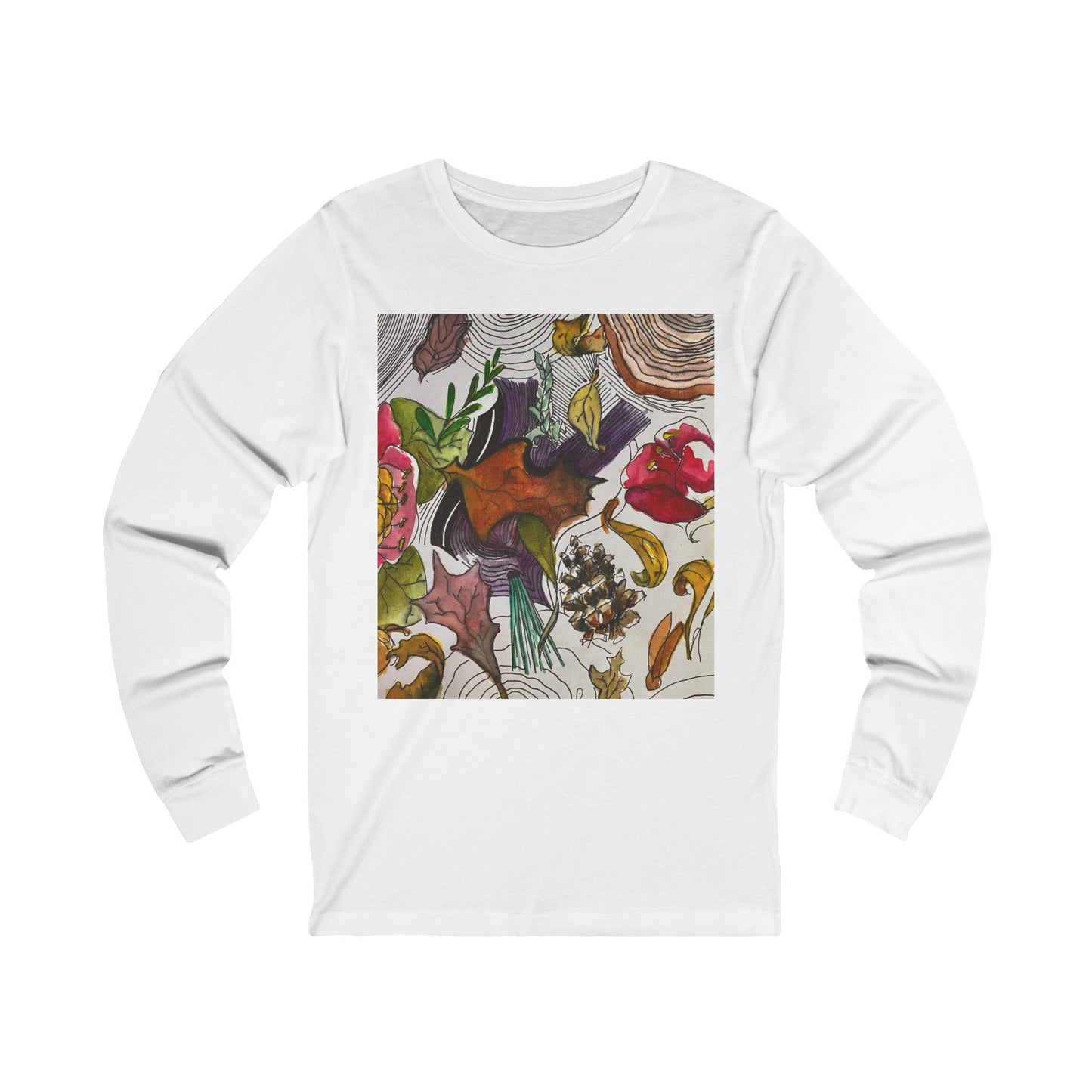 This is the White Fall is falling Long Sleeve by Storm Garden Studio. This is showcasing the front of the long sleeve. The illustration on the front is within a rectangle starting from the collarbone area to below the belly button. There are various conifers like leaves, pine cones, etc. There are also some flowers and a tree trunk ring. The colors are red, yellow, dark brown, purples, and green. The shirt is against from a white background.