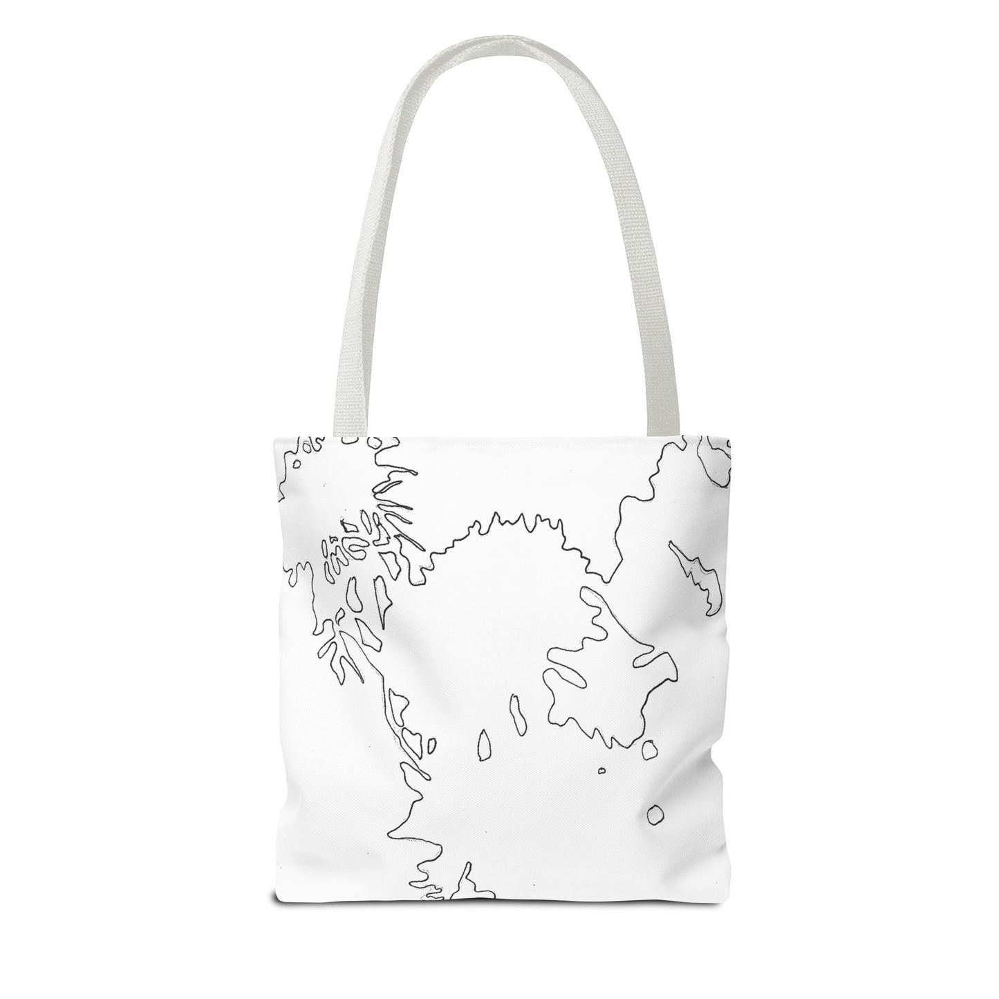 This is the White 13" x 13" Flowers Tote Bag by Storm Garden Studio. The tote has color matched straps, abstract line work which is outlines of flowers, all over print. The colors are white and black. The tote is against a white background.