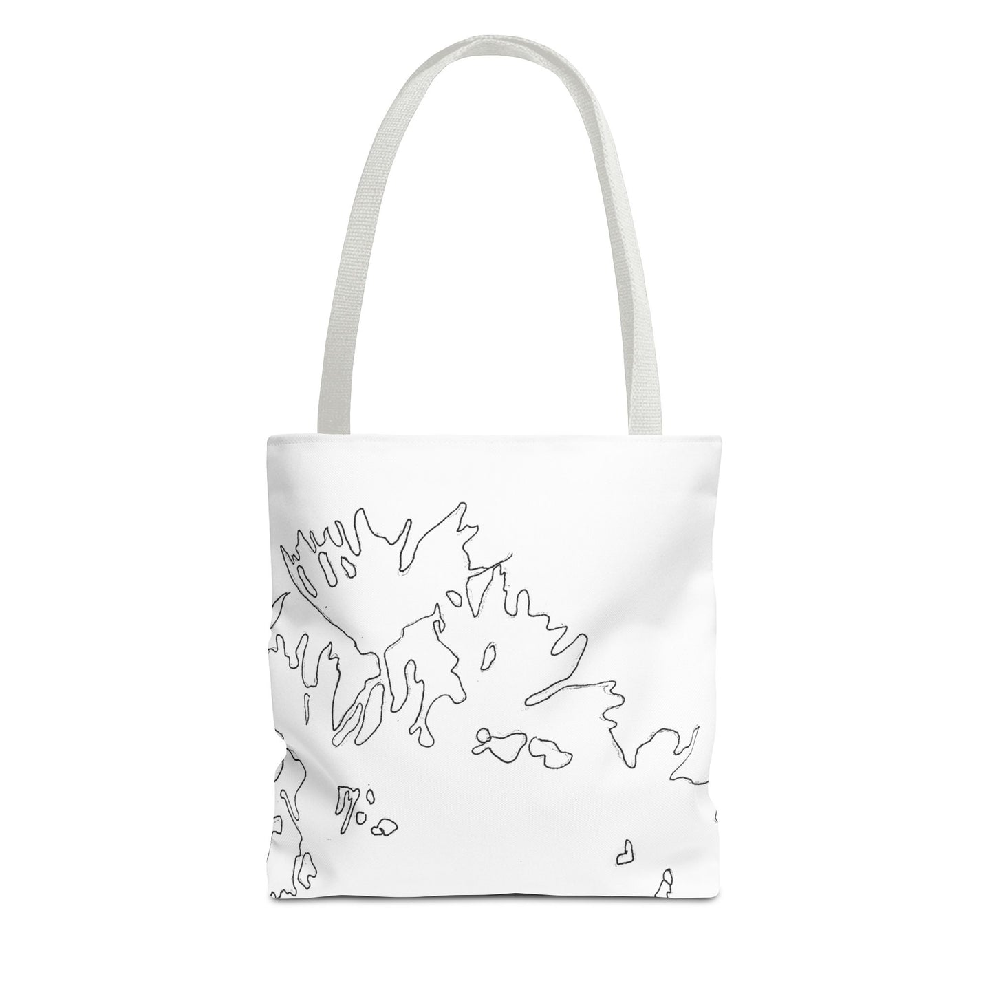 This is the White 13" x 13" Flowers Tote Bag by Storm Garden Studio. The tote has color matched straps, abstract line work which is outlines of flowers, all over print. The colors are white and black. The tote is against a white background.