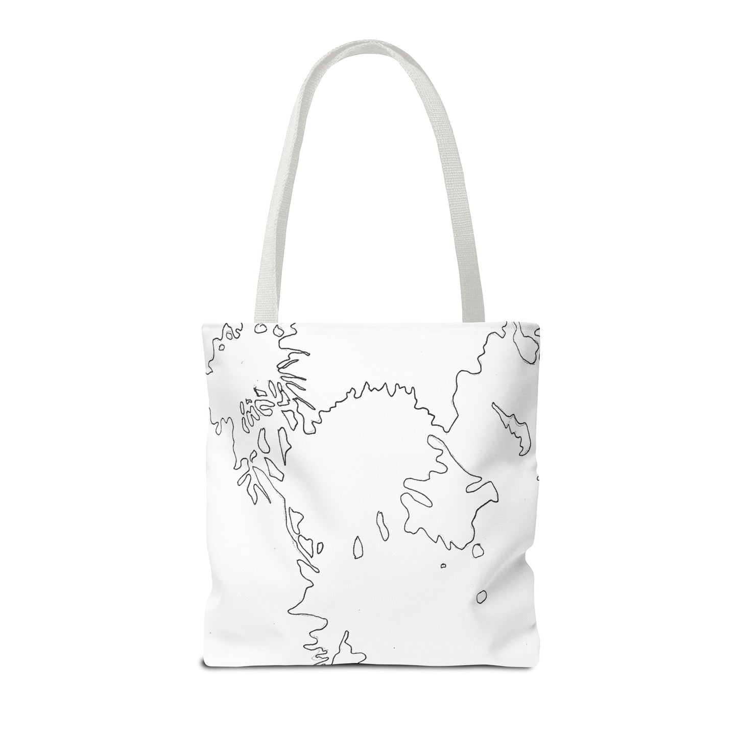 This is the White 16" x 16" Flowers Tote Bag by Storm Garden Studio. The tote has color matched straps, abstract line work which is outlines of flowers, all over print. The colors are white and black. The tote is against a white background.