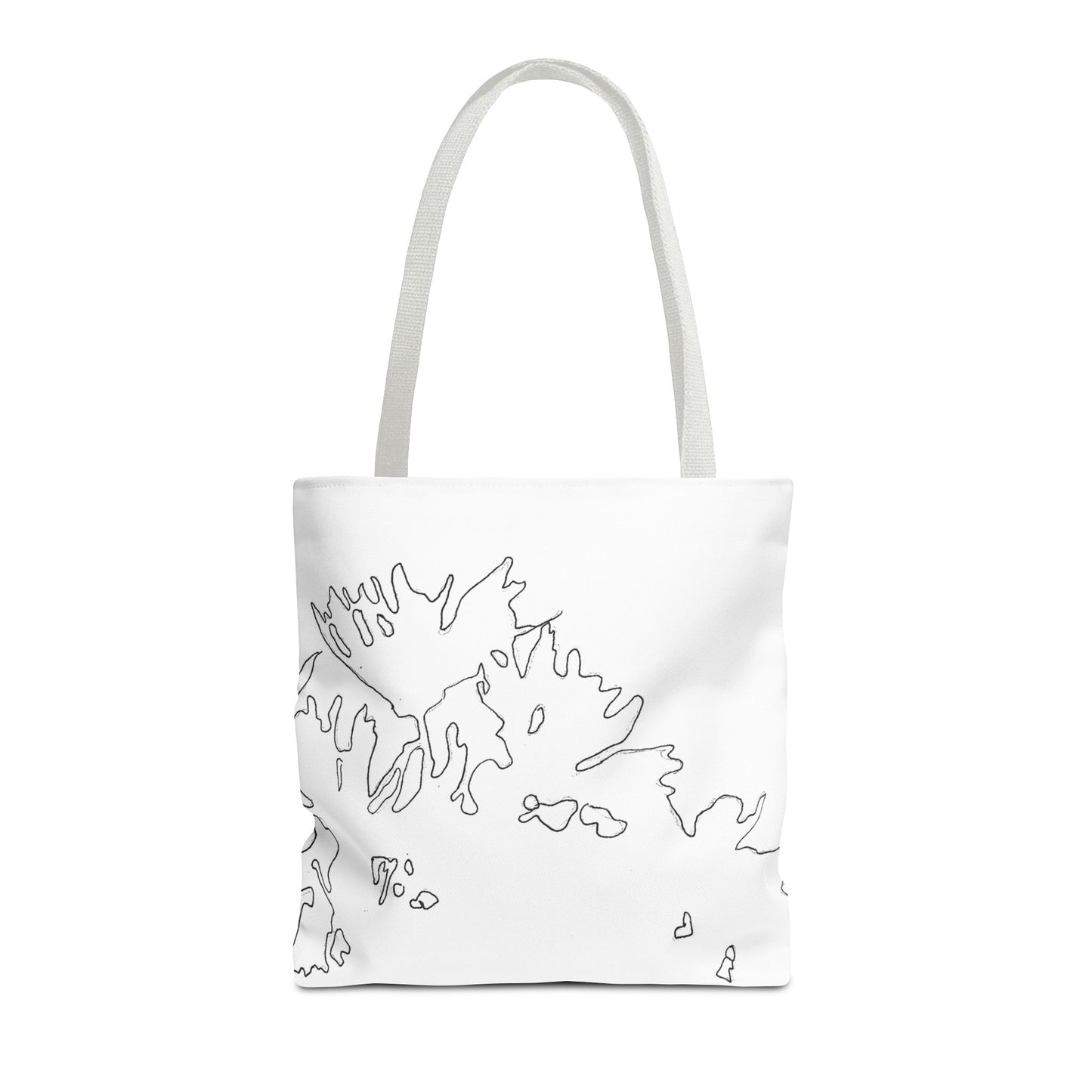 This is the White 16" x 16" Flowers Tote Bag by Storm Garden Studio. The tote has color matched straps, abstract line work which is outlines of flowers, all over print. The colors are white and black. The tote is against a white background.